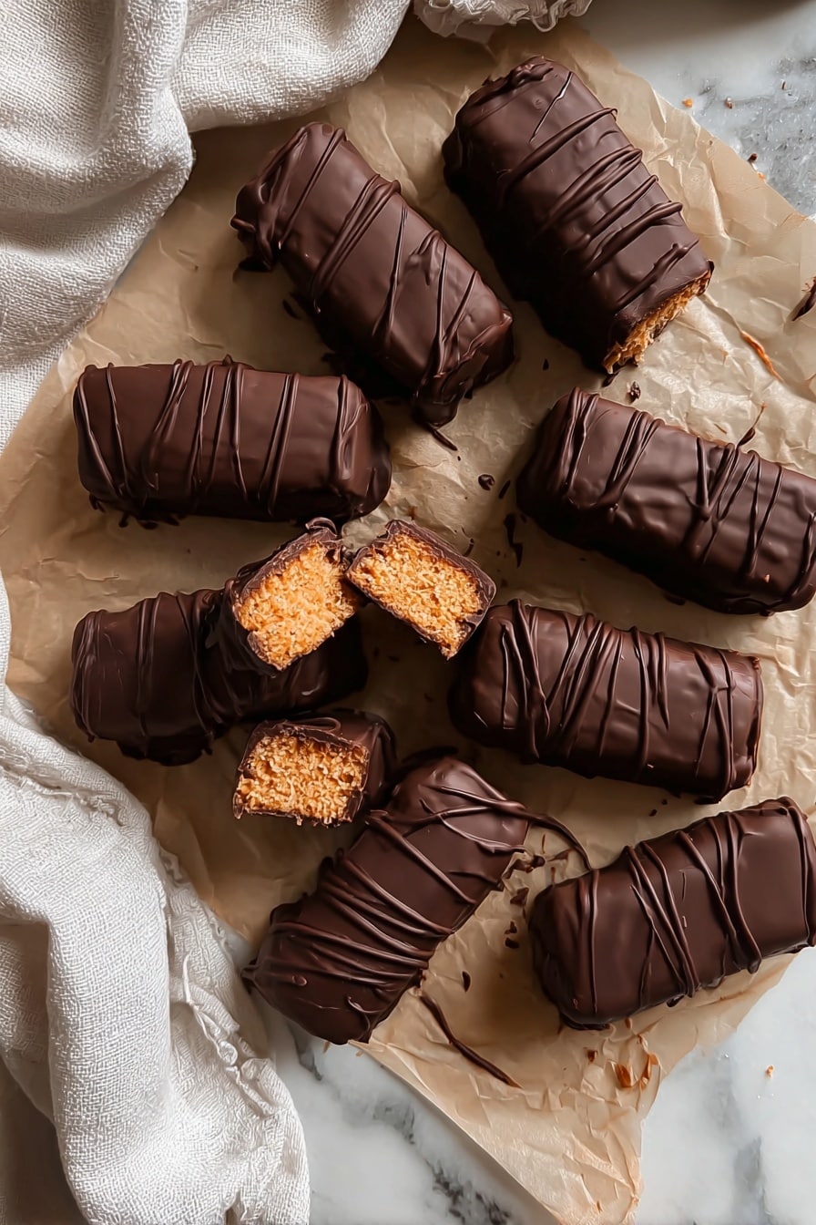 The image shows several small chocolate-covered candy bars on a sheet of brown parchment paper, placed on a light-colored wooden surface with a white marbled texture nearby. Each bar has two layers: a smooth, dark brown chocolate outer layer with a slight shine, drizzled with thin lines of chocolate on top, and a light tan, crumbly and textured inner filling that looks soft and slightly grainy. Some bars are whole, while two are cut in half, revealing the inside filling. There are small pieces of chocolate scattered around the bars. photo taken with an iphone --ar 2:3 --v 7 - Healthy Homemade Butterfingers, healthy peanut candy, wholesome chocolate bars, quick homemade treats, natural sweetened snacks