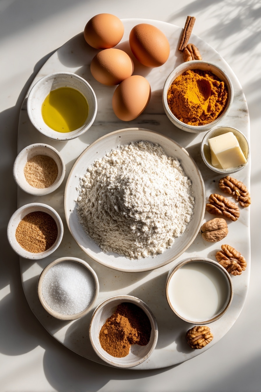 Flat lay of a small mound of gluten-free baking flour on a simple white ceramic plate, a small white bowl filled with pumpkin purée, three whole brown eggs arranged in a neat row, a small white bowl with golden vegetable oil, a small white bowl containing light brown sugar, a small white bowl with granulated white sugar, a small white bowl holding a mixture of cinnamon, nutmeg, and ginger powders, a small white bowl of ground cinnamon, a small white bowl of sifted powdered sugar, a small white bowl with a pat of butter, a small white bowl with milk or almond milk, a few whole nut pieces scattered neatly on the plate, all arranged in perfect symmetry with balanced spacing -- placed on a clean white marble surface, soft natural light, photo taken with an iPhone, professional food photography style, fresh ingredients, white ceramic bowls, no bottles, no duplicates, no utensils, no packaging --ar 2:3 --v 7 - Gluten-Free Pumpkin Donuts, Pumpkin Donuts with Cinnamon Sugar, Pumpkin Donuts with Brown Sugar Glaze, Fall Pumpkin Donut Recipe, Gluten-Free Fall Treats