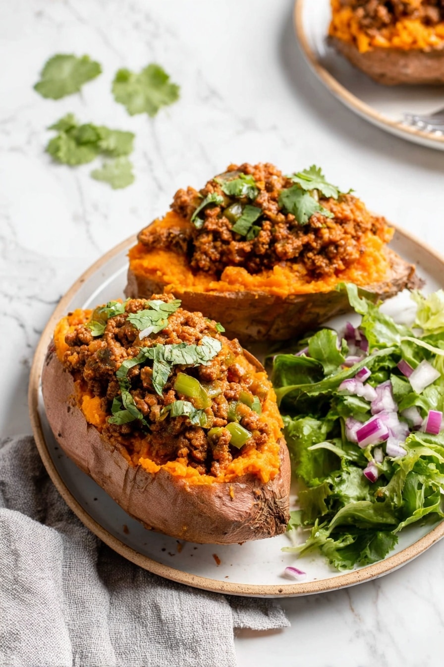 The image shows two large baked sweet potatoes split open on a white plate with a beige rim. Each sweet potato is filled with a layer of mashed, bright orange flesh and topped with a thick layer of seasoned ground beef mixed with green bell peppers and small bits of onion, garnished with chopped fresh cilantro. On the side of the plate, there is a small pile of mixed green salad leaves sprinkled with tiny pieces of chopped red onion. The plate sits on a white marbled surface with a light gray cloth napkin nearby. Photo taken with an iphone --ar 2:3 --v 7 - Healthy Sloppy Joes, healthy sloppy joes recipe, wholesome sloppy joes, easy healthy sloppy joes, quick healthy sloppy joes