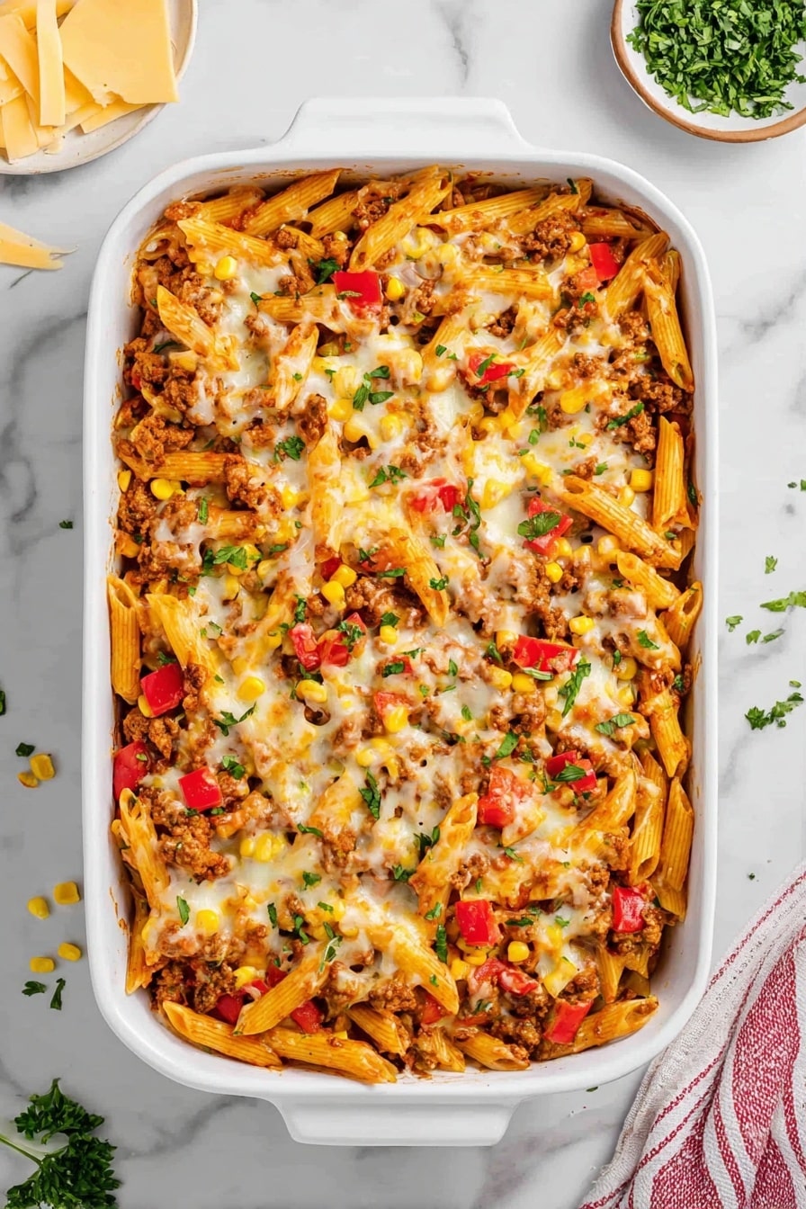 The image shows a close-up of a wooden spoon lifting a portion of pasta from a large dish. The dish has two main layers: a base of cooked macaroni pasta in a light golden brown color mixed with ground meat and small diced tomatoes, and a top layer of melted cheddar cheese in a bright yellow-orange hue that stretches slightly as it is lifted. Scattered throughout the pasta and cheese are pieces of yellow corn and green herbs, adding small pops of color. The background around the pasta is blurred but matches the mixed colors of the dish. The photo is taken over a white marbled surface. photo taken with an iphone --ar 2:3 --v 7 - Sloppy Joe Casserole, easy sloppy joe casserole, cheesy sloppy joe bake, comfort food casserole, quick dinner recipes