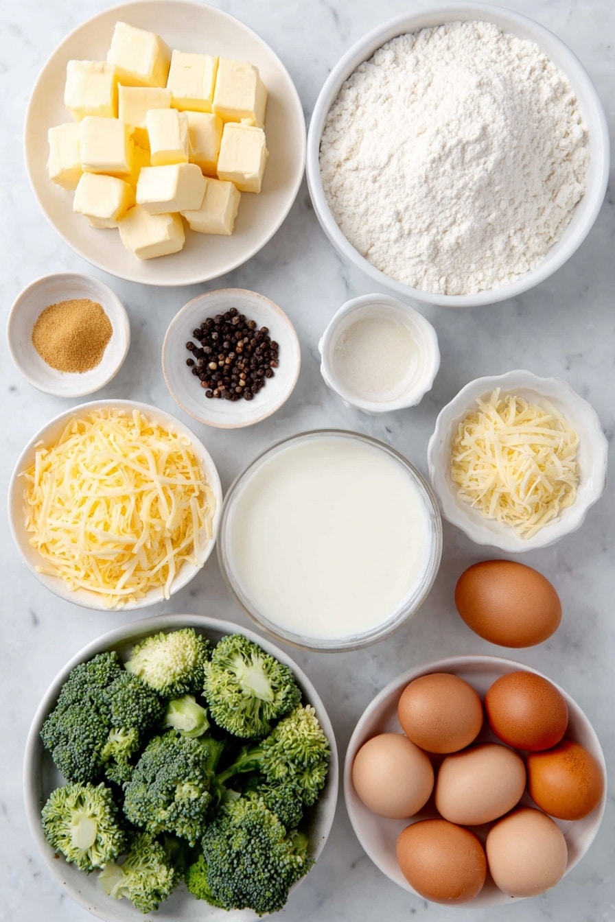 Flat lay of a small pile of salted butter cubes, a small mound of chopped yellow onion, a single large carrot shredded into fine strips, four peeled garlic cloves, a small white bowl filled with all-purpose flour, a white bowl holding sea salt crystals, a white bowl containing mustard powder, a white bowl with ground nutmeg, a small white bowl of whole milk, a small white bowl of clear chicken stock, a heap of chopped fresh broccoli florets from a large crown, a small pile of freshly grated Parmesan cheese, a mound of shredded extra-sharp cheddar cheese, several whole uncracked brown eggs, and a few whole black peppercorns scattered artfully, all arranged with perfect symmetry on simple white ceramic dishes and bowls, placed on a clean white marble surface, soft natural light, photo taken with an iPhone, professional food photography style, fresh ingredients, white ceramic bowls, no bottles, no duplicates, no utensils, no packaging --ar 2:3 --v 7 --p awthu7i m7354615311229779997 - Creamy Broccoli Cheddar Soup, broccoli cheddar soup, cheesy broccoli soup, easy broccoli soup, comforting soup recipes