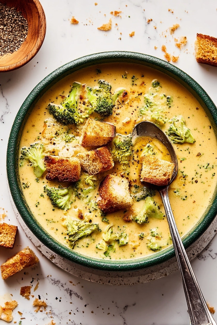 A bowl with a dark green rim filled with creamy yellow broccoli cheese soup, with small green broccoli pieces scattered evenly throughout the soup. On top, there are golden brown croutons with a crunchy texture, some partially soaked in the soup. A silver spoon with a dark handle rests inside the bowl, touching the soup and some croutons. The bowl sits on a white marbled surface with scattered crumbs and a wooden bowl of crushed black pepper visible at the top left corner. The image is bright with soft shadows, showing a cozy and warm atmosphere. photo taken with an iphone --ar 2:3 --v 7 - Creamy Broccoli Cheddar Soup, broccoli cheddar soup, cheesy broccoli soup, easy broccoli soup, comforting soup recipes