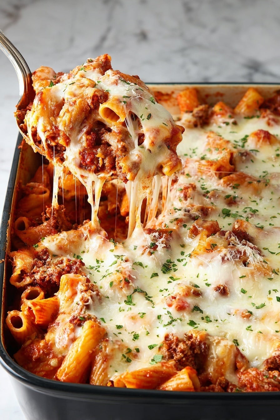 The dish is a baked pasta casserole in a black baking dish, filled with rigatoni pasta mixed with layers of red tomato sauce and browned meat. On top, there is a thick layer of melted white cheese that is stretchy and gooey, sprinkled with small green herb pieces. A silver spoon lifts a portion of pasta, showing the cheese stretching from the dish. The casserole surface is also dotted with browned cheese spots and chopped green herbs, and the background is a white marbled texture. photo taken with an iphone --ar 2:3 --v 7 - Baked Rigatoni with Italian Sausage, Ground Beef, and Mozzarella, hearty pasta bake, Italian sausage pasta, baked pasta recipes, family dinner ideas, cheesy pasta casserole
