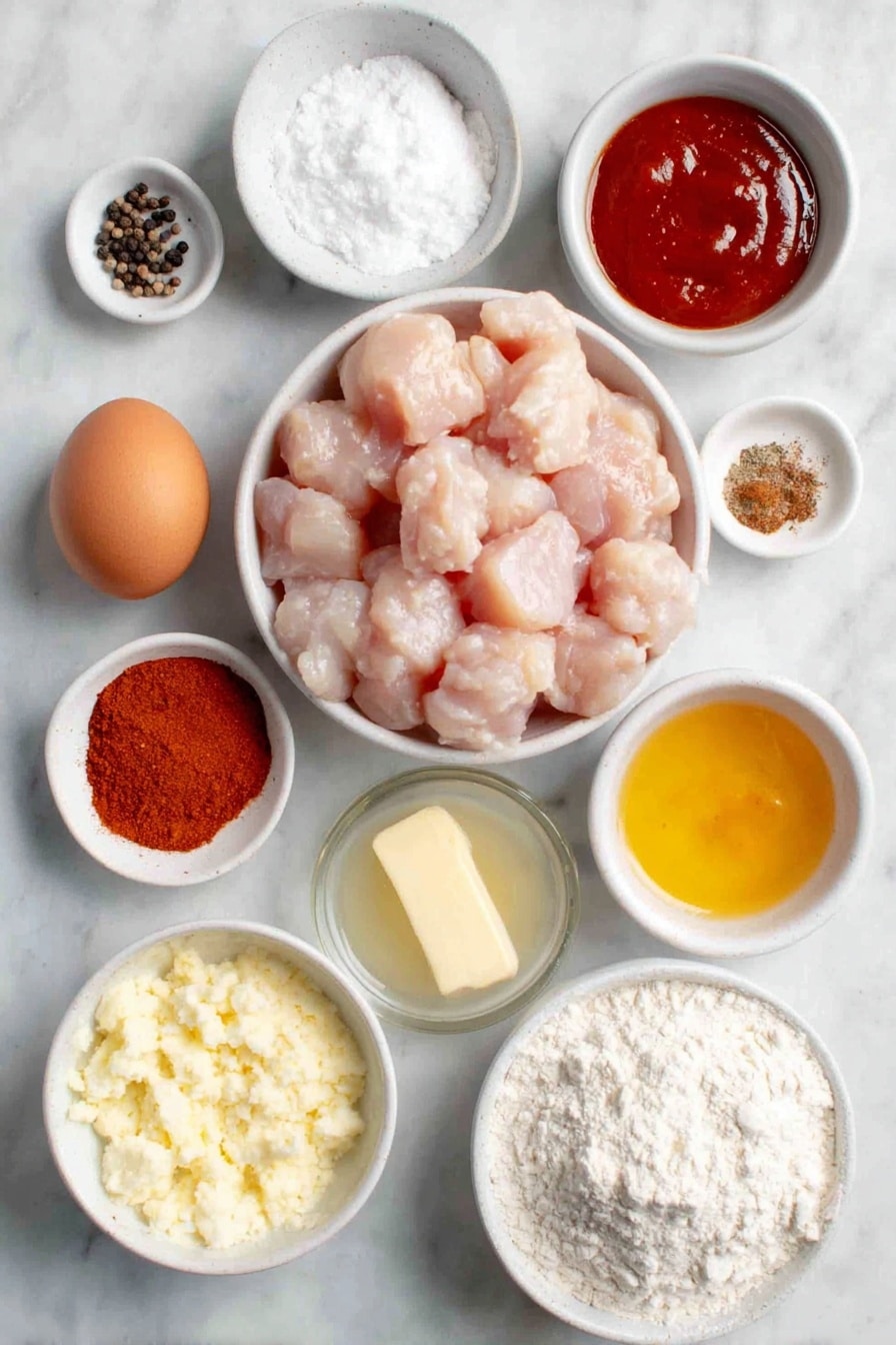 Flat lay of boneless, skinless chicken breast pieces cut into 1-inch chunks, a small mound of kosher salt crystals, a small pile of freshly cracked black peppercorns, a simple white ceramic bowl filled with all-purpose flour, a white bowl containing garlic powder, a white bowl with granulated sugar, a small white bowl holding bright red cayenne pepper powder, a white bowl with deep red paprika powder, one large whole egg with a clean shell, a white ceramic bowl filled with creamy white buttermilk, a white bowl of baking soda powder, a small white bowl of melted golden salted butter, a white bowl with clear golden honey, a white bowl of vivid orange-red Sriracha hot sauce, all arranged symmetrically with perfect proportions and no duplicates, placed on a clean white marble surface, soft natural light, photo taken with an iPhone, professional food photography style, fresh ingredients, white ceramic bowls, no bottles, no duplicates, no utensils, no packaging --ar 2:3 --v 7 --p awthu7i m7354615311229779997 - Hot Honey Chicken Nuggets, spicy chicken nuggets, crispy chicken nuggets, homemade chicken nuggets, easy fried chicken bites