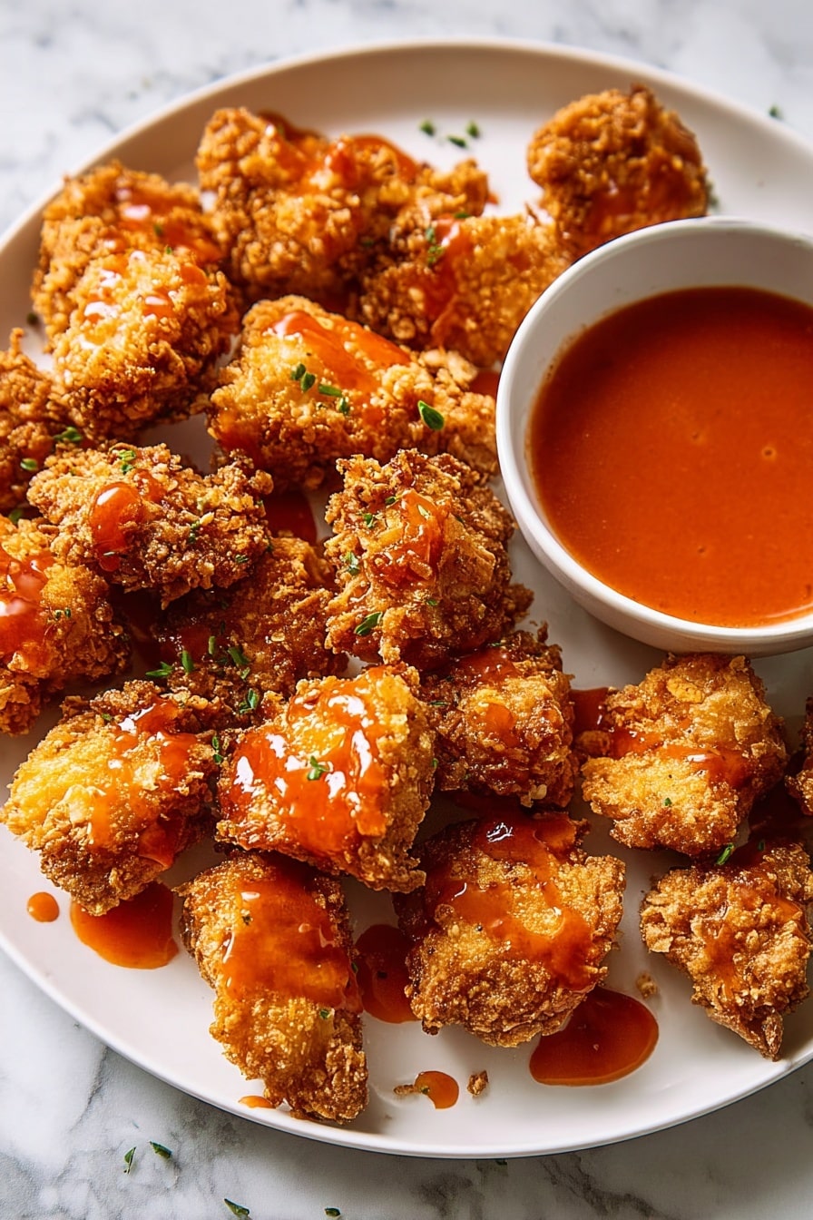 A white plate filled with about twenty small pieces of crispy fried chicken, each piece topped with a shiny, orange-red sauce evenly drizzled over them. Next to the chicken, on the same plate, is a white small bowl filled with smooth orange-red dipping sauce. The background shows a white marbled surface. The fried chicken has a crunchy texture with golden-brown color, and the sauce adds a glossy shine to each piece. Photo taken with an iphone --ar 2:3 --v 7 - Hot Honey Chicken Nuggets, spicy chicken nuggets, crispy chicken nuggets, homemade chicken nuggets, easy fried chicken bites