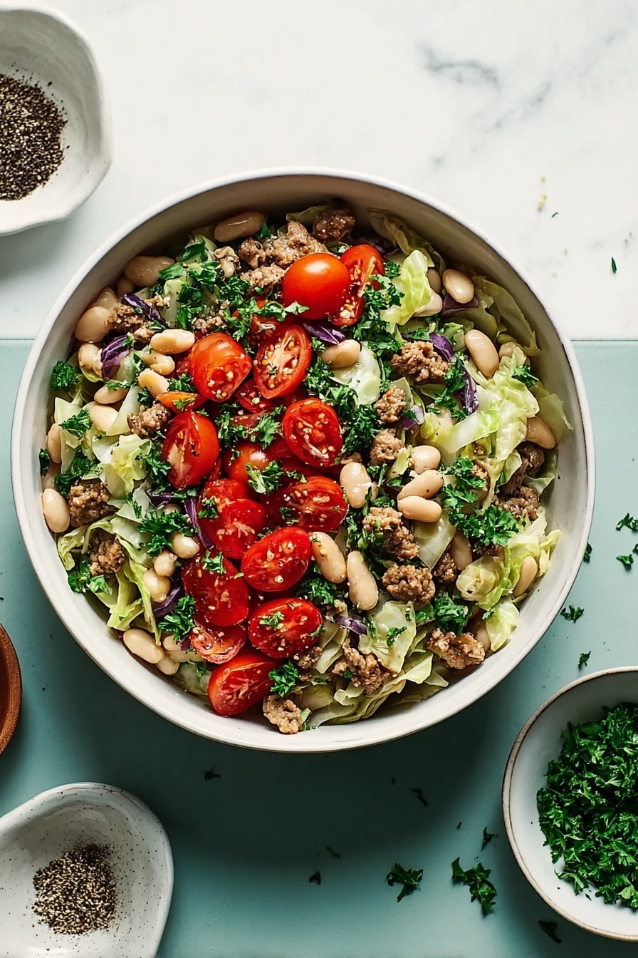 A dark green bowl filled with a colorful mix of white beans, red cherry tomatoes, cooked green cabbage pieces, and small brown cooked meat chunks, all topped with chopped fresh green herbs and black pepper. A silver spoon with a green handle is in the bowl, resting on the food. Next to the bowl is a small white plate with chopped green herbs and part of another bowl with crushed seasoning. The background is a white marbled surface. photo taken with an iphone --ar 2:3 --v 7 - Sausage, Cabbage and White Bean Skillet, hearty weeknight dinner, one-pan sausage and cabbage, healthy skillet recipes, easy sausage casserole