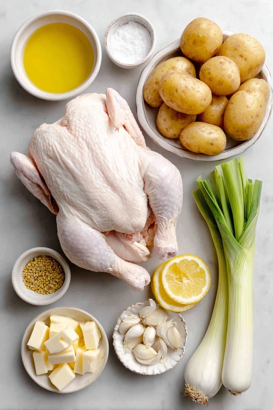Flat lay of a whole raw chicken with smooth skin and clean surface, a small pile of small new potatoes with golden skin, a few fresh leeks thinly sliced showing white and pale green rings, a pair of bright yellow lemon halves thinly sliced, several whole uncracked brown garlic cloves alongside a few peeled minced garlic cloves in a small white bowl, a small white bowl filled with whole-grain mustard showing visible mustard seeds, a small white bowl of golden extra-virgin olive oil, a small white bowl with clear apple cider vinegar, a small white bowl containing fine light brown granulated sugar, a small white bowl with coarse kosher salt, a small white bowl with freshly cracked black pepper, a small bunch of fresh green tarragon sprigs, and a few small cubes of cold salted butter arranged neatly in a simple white ceramic dish—all ingredients arranged symmetrically and balanced, placed on a clean white marble surface, soft natural light, photo taken with an iPhone, professional food photography style, fresh ingredients, white ceramic bowls, no bottles, no duplicates, no utensils, no packaging --ar 2:3 --v 7 --p awthu7i m7354615311229779997 - Whole Roast Chicken with Potatoes, Leeks, and Tarragon Mustard, Roast Chicken with Potatoes and Tarragon Mustard, Easy Roast Chicken Dinner, One-Pan Roast Chicken, Comforting Roast Chicken Meal