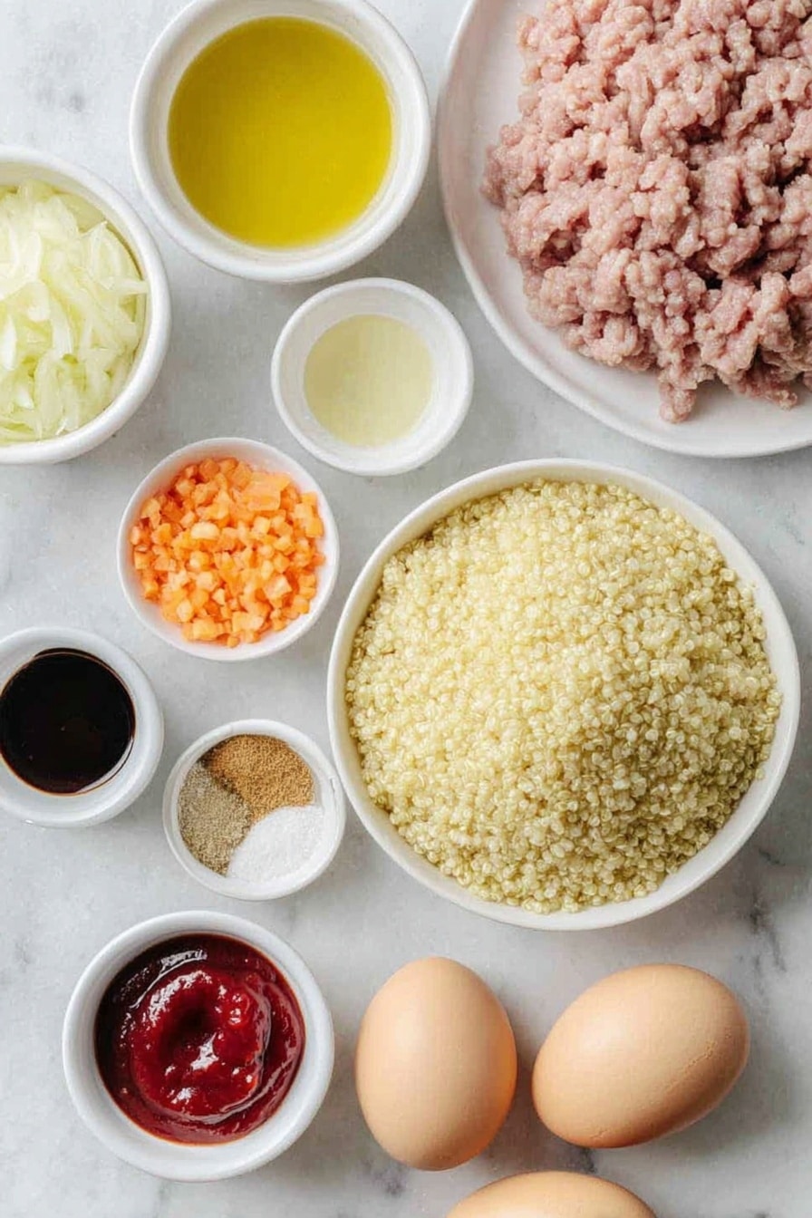 Flat lay of rinsed quinoa in a small white ceramic bowl, a small white bowl of golden extra-virgin olive oil, a small white bowl of clear chicken stock, finely chopped small onion, grated medium carrot, finely chopped red bell pepper, two whole uncracked brown eggs, two cloves of garlic, raw ground turkey portioned on a white ceramic plate, a small white bowl of deep red tomato paste, a small white bowl of dark Worcestershire sauce, a small white bowl of light brown sugar, a small white bowl of kosher salt, a small white bowl of freshly cracked black pepper, a small white bowl of cayenne pepper, a small white bowl of garlic powder, a small white bowl of onion powder placed on a clean white marble surface, soft natural light, photo taken with an iPhone, professional food photography style, fresh ingredients, white ceramic bowls, no bottles, no duplicates, no utensils, no packaging --ar 2:3 --v 7 --p awthu7i m7354615311229779997 - Turkey Quinoa Meatloaf, healthy turkey meatloaf, quinoa meatloaf recipe, flavorful meatloaf with turkey, nutritious comfort food