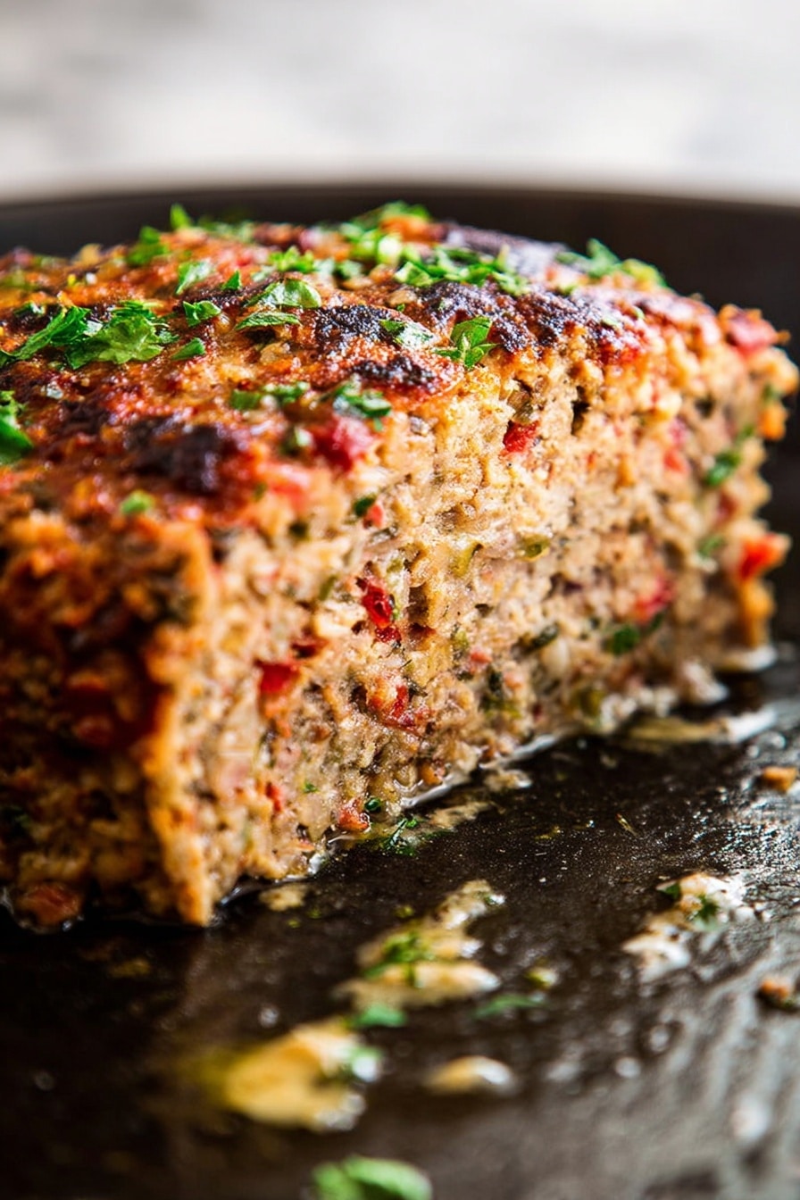 The image shows a large, oval-shaped meatloaf with a shiny, dark brown glaze on top, uneven in texture with small bits and rough patches, sprinkled with finely chopped green herbs. The meatloaf sits on a white oval plate that has a subtle speckled pattern, and the plate is placed on a white marbled surface. There are droplets of glossy sauce spread around the meatloaf on the plate, adding shine and a slightly oily look to the dish. photo taken with an iphone --ar 2:3 --v 7 - Turkey Quinoa Meatloaf, healthy turkey meatloaf, quinoa meatloaf recipe, flavorful meatloaf with turkey, nutritious comfort food