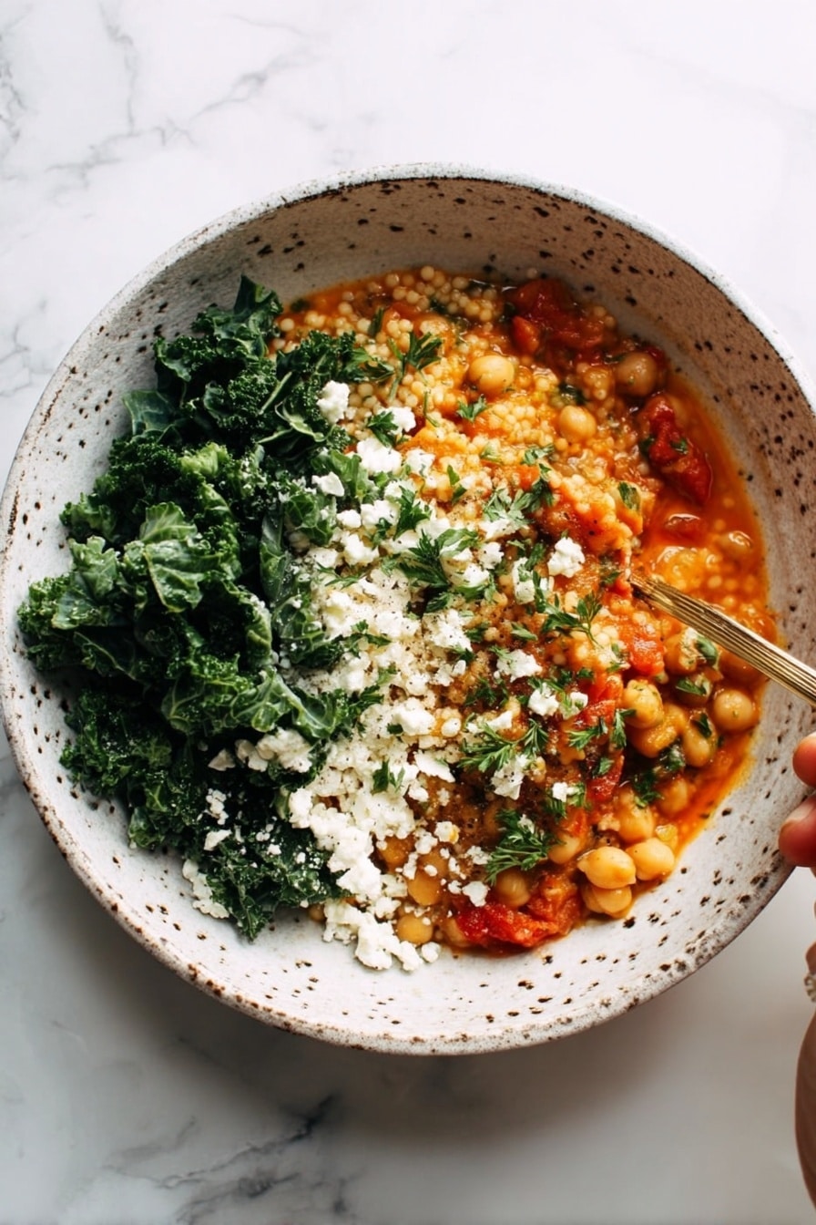 This image shows a close-up of a creamy, thick stew inside a white pot, placed on a white marbled surface. The stew has a warm orange-red color mixed with small round grains or pearls and chunks of soft vegetables, creating a textured layer. Bright green chopped herbs are sprinkled on top, adding a fresh contrast. A wooden spoon is partially visible on the right side, stirring the stew gently, emphasizing the dish's hearty and cozy appearance. photo taken with an iphone --ar 2:3 --v 7 - Pearl Couscous Skillet with Tomatoes and Feta, easy pearl couscous dinner, one-pan couscous recipe, flavorful pearl couscous meal, healthy tomato feta skillet