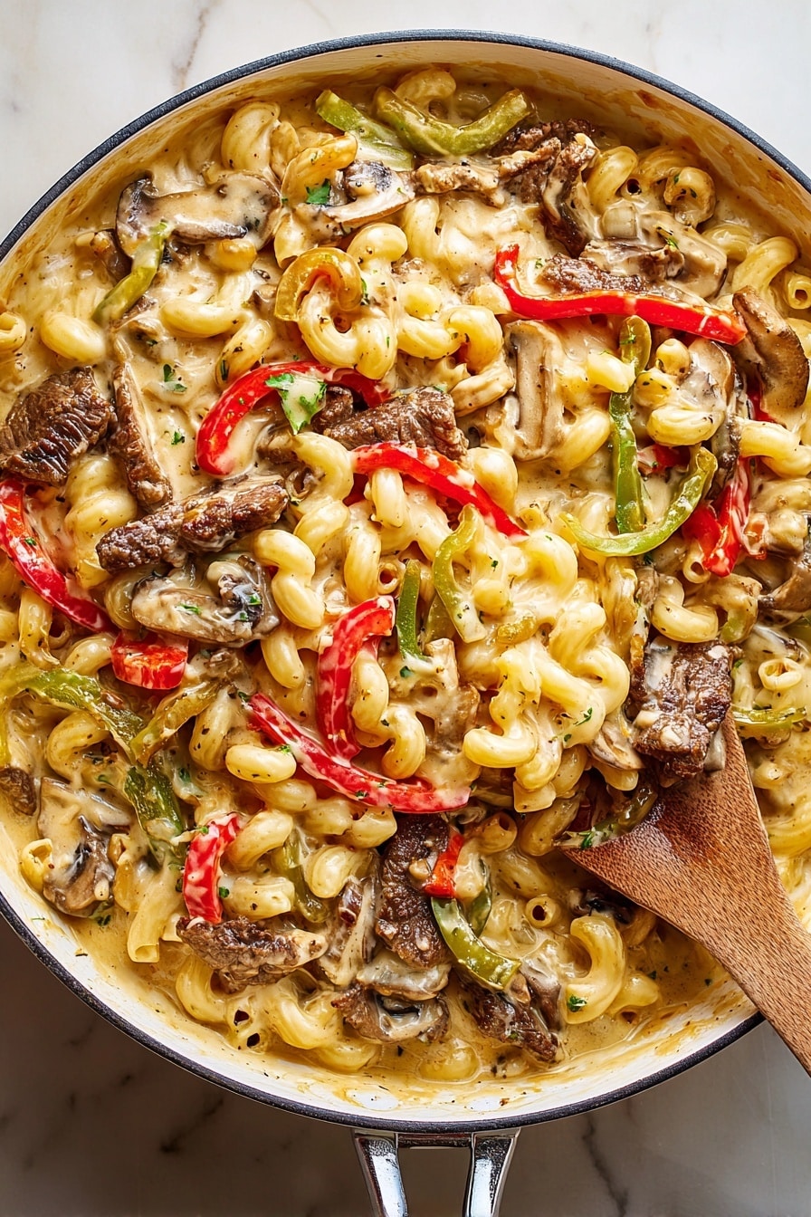 The image shows a bowl of pasta with three main layers. The bottom layer consists of soft, curly white pasta shapes that fill the bowl. On top of the pasta is a mix of cooked vegetables including sliced green and red bell peppers, and brown mushrooms with a slightly shiny texture. The top layer features small pieces of browned meat scattered across the dish, all mixed with melted cheese that is creamy pale yellow and strings lightly, covering parts of the pasta and vegetables. The bowl is white and sits on a white marbled surface with a red and white checkered paper underneath, next to a silver fork. Photo taken with an iphone --ar 2:3 --v 7 - Beef and Mushroom Philly Cheesesteak Pasta, Philly Cheesesteak Pasta, Easy Beef Pasta Dinner, Creamy Mushroom Pasta Recipe, Quick Weeknight Pasta