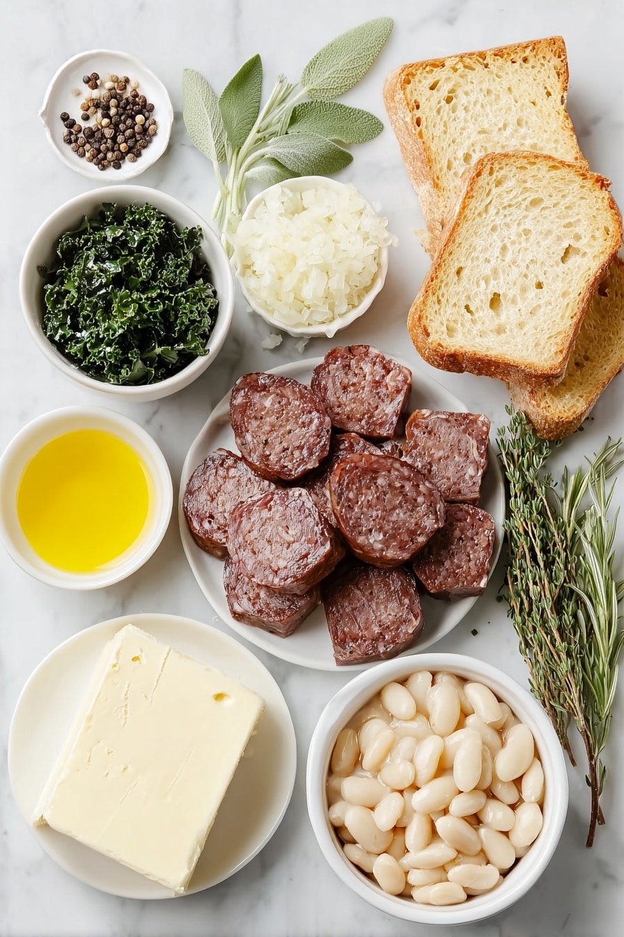 Flat lay of two slices of sourdough bread cut into cubes, a few whole brown smoked sausage slices, a small bunch of chopped deep green Tuscan kale, a peeled shallot bulb finely chopped, three fresh garlic cloves finely chopped, a small sprig of fresh sage, a small sprig of fresh thyme, three oil-packed anchovy fillets finely chopped in a small white bowl, two small white bowls each with extra-virgin olive oil, a small white bowl of low-sodium chicken broth, one small white bowl holding drained and rinsed white cannellini beans with a few whole beans visible, a half block of creamy white Boursin cheese, two whole uncracked brown eggs (to indicate freshness and naturalness), and a small white bowl of kosher salt with black peppercorns scattered nearby, all arranged symmetrically and balanced, placed on a clean white marble surface, soft natural light, photo taken with an iPhone, professional food photography style, fresh ingredients, white ceramic bowls, no bottles, no duplicates, no utensils, no packaging --ar 2:3 --v 7 --p awthu7i m7354615311229779997 - White Bean and Smoked Sausage Skillet, hearty sausage and bean skillet, quick sausage and bean dinner, one-pan sausage recipes, easy comfort food skillet