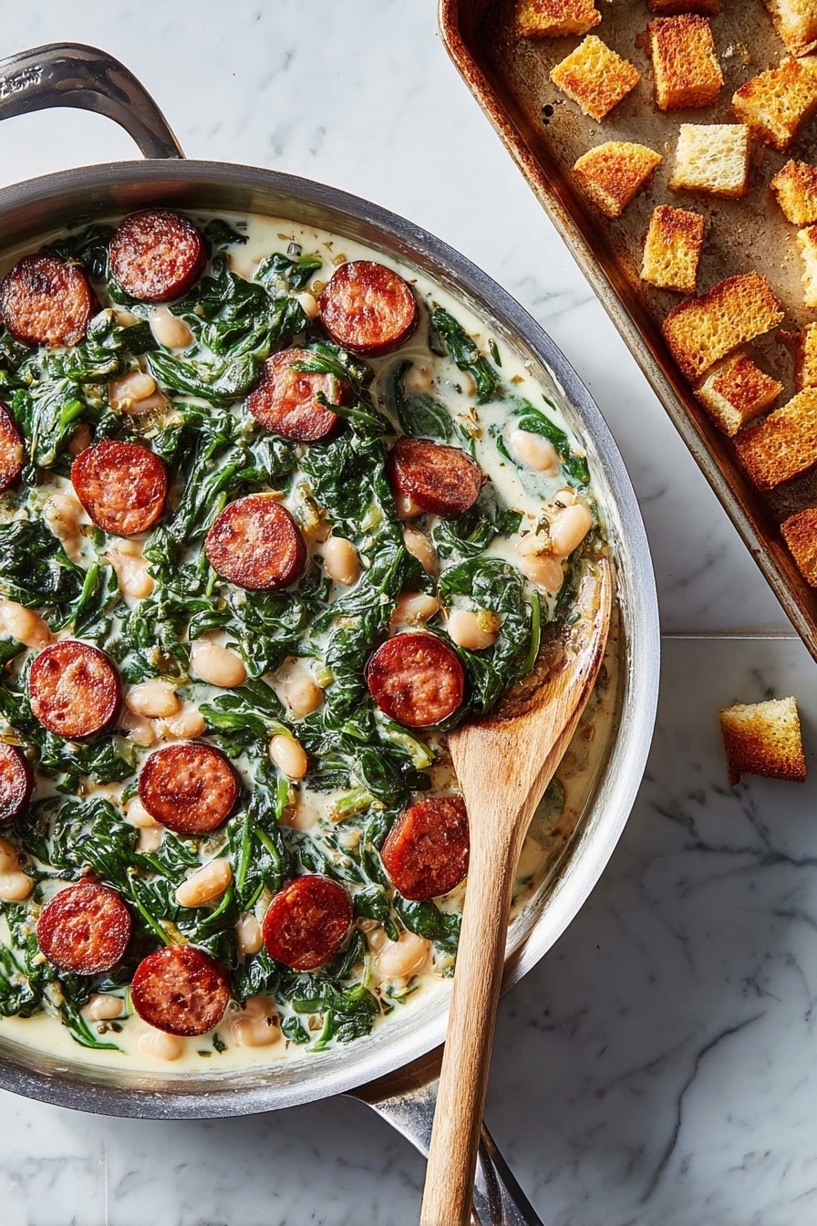 A round silver pan filled with three main layers visible from top view: the bottom layer is creamy white sauce mixed with white beans, the middle layer is dark green leafy spinach spread unevenly, and the top layer consists of evenly scattered browned sausage slices in rich reddish-brown color. A wooden spoon rests inside the pan touching the food. To the right, a rusty metal baking tray holds scattered golden brown croutons. The entire scene is set on a white marbled texture surface. photo taken with an iphone --ar 2:3 --v 7 - White Bean and Smoked Sausage Skillet, hearty sausage and bean skillet, quick sausage and bean dinner, one-pan sausage recipes, easy comfort food skillet