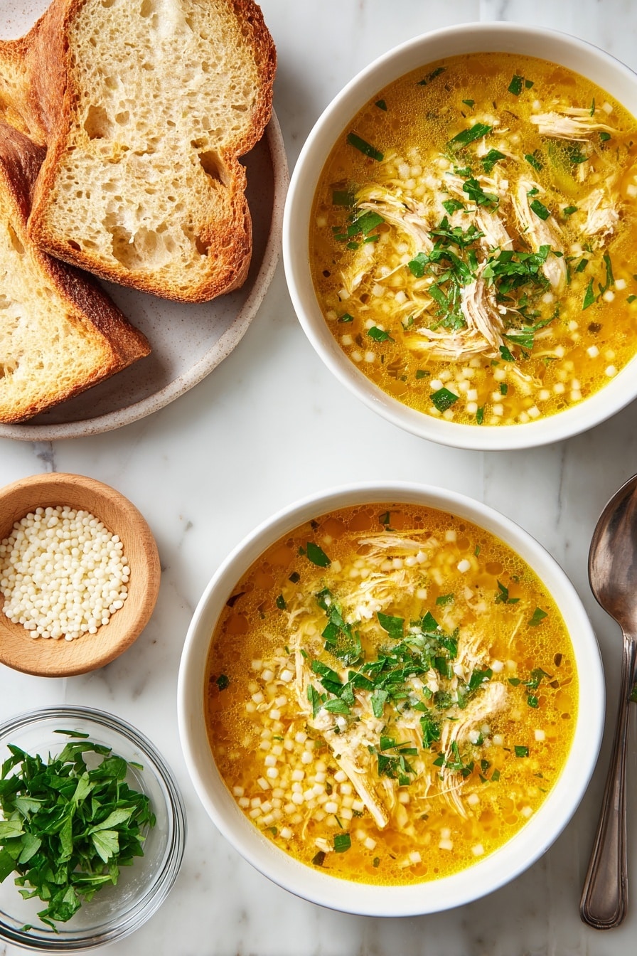 Two white bowls filled with golden-yellow soup, showing small round pasta pearls and shredded pieces of chicken, topped with bright green chopped herbs. The soup has a thin broth layer with some frothy spots and small bits floating inside. Next to the bowls are two slices of toasted bread with a light brown crisp surface, a small wooden bowl of tiny white pasta pearls, and a small glass bowl with fresh green herbs. All items are on a surface with white marbled texture. Photo taken with an iphone --ar 2:3 --v 7 - Italian Penicillin Soup with Egg and Pasta, comforting Italian soup recipes, easy egg and pasta soup, cozy hearty Italian soup, quick weeknight Italian soup