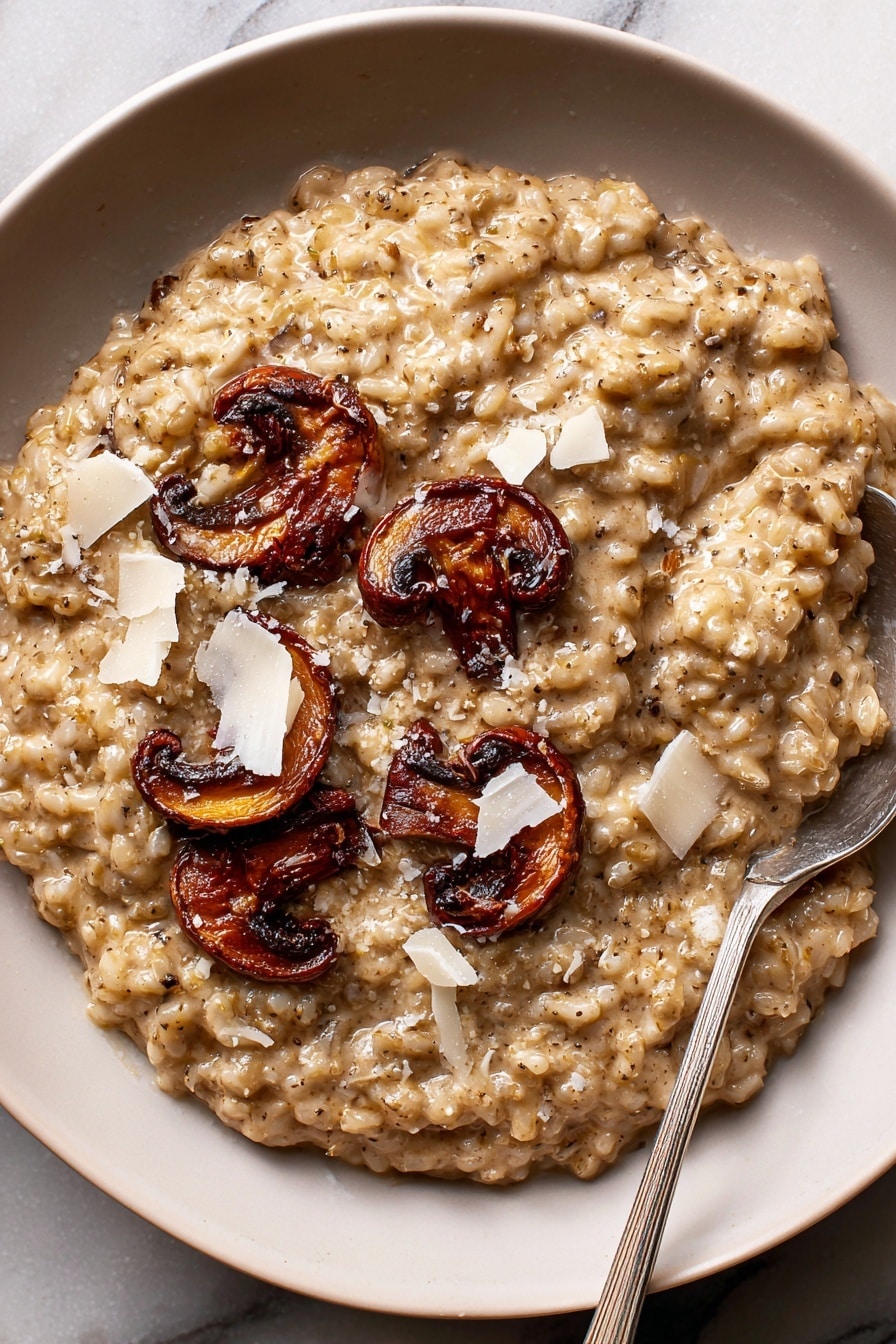 A close-up of a creamy mushroom risotto on a white plate. The dish has a thick, creamy texture with small round grains coated in a light beige sauce mixed with tiny brown bits. On top, several sautéed mushroom slices with a rich reddish-brown color are scattered, adding texture and depth. There are white shavings of cheese sprinkled over the dish, creating a slight contrast. A silver spoon rests on the right side of the plate, partially immersed in the risotto. The plate is set on a white marbled surface. photo taken with an iphone --ar 2:3 --v 7 - Creamy Mushroom Pastina, Mushroom Pastina, Comforting Mushroom Pasta, Easy Mushroom Pasta, Velvety Mushroom Sauce
