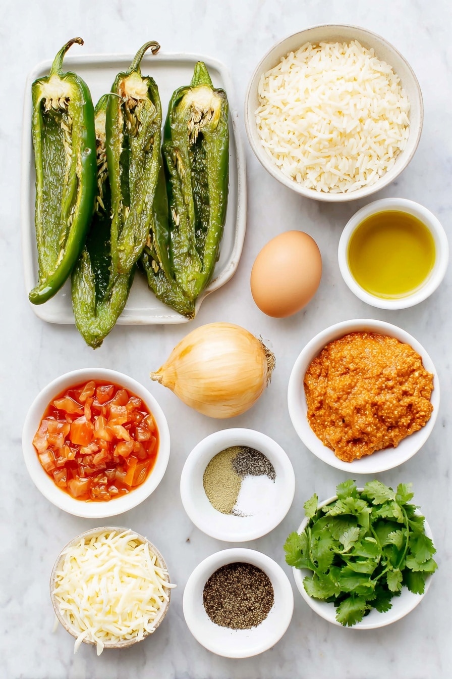 Flat lay of a small bowl of uncooked long-grain rice, four large fresh poblano peppers halved lengthwise with seeds removed, a raw uncracked brown egg, a small yellow onion whole and unpeeled, three whole garlic cloves with papery skin, a small white bowl of extra-virgin olive oil, a small white bowl of finely chopped chipotle chile in adobo, a small white bowl of bright red tomato paste, a small white bowl of dried oregano, a small white bowl of ground cumin, a small white bowl of fire-roasted diced tomatoes, a small bunch of fresh cilantro leaves, a small white bowl of shredded Mexican-blend cheese, and a small white bowl of kosher salt and freshly ground black pepper placed on a clean white marble surface, soft natural light, photo taken with an iPhone, professional food photography style, fresh ingredients, white ceramic bowls, no bottles, no duplicates, no utensils, no packaging --ar 2:3 --v 7 --p awthu7i m7354615311229779997 - Beef and Rice Stuffed Poblano Peppers, stuffed poblano peppers, beef stuffed peppers, smoky stuffed peppers, easy Mexican peppers