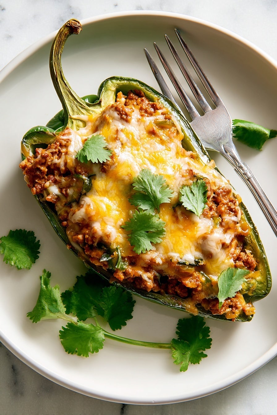 A single green pepper half forms the base, roasted and slightly wrinkled, placed on a white plate with a smooth surface. On top, there is a thick layer of cooked filling made of rice, small chopped vegetables, and bits of brown meat mixed with herbs, giving it a textured look. Covering the filling is a melted, creamy yellow and light orange cheese layer, slightly browned in spots and softly dripping down the sides. Small bright green cilantro leaves are placed on top and beside the pepper for decoration. A fork rests on the plate to the right side of the pepper. The background surface is a white marbled texture. photo taken with an iphone --ar 2:3 --v 7 - Beef and Rice Stuffed Poblano Peppers, stuffed poblano peppers, beef stuffed peppers, smoky stuffed peppers, easy Mexican peppers