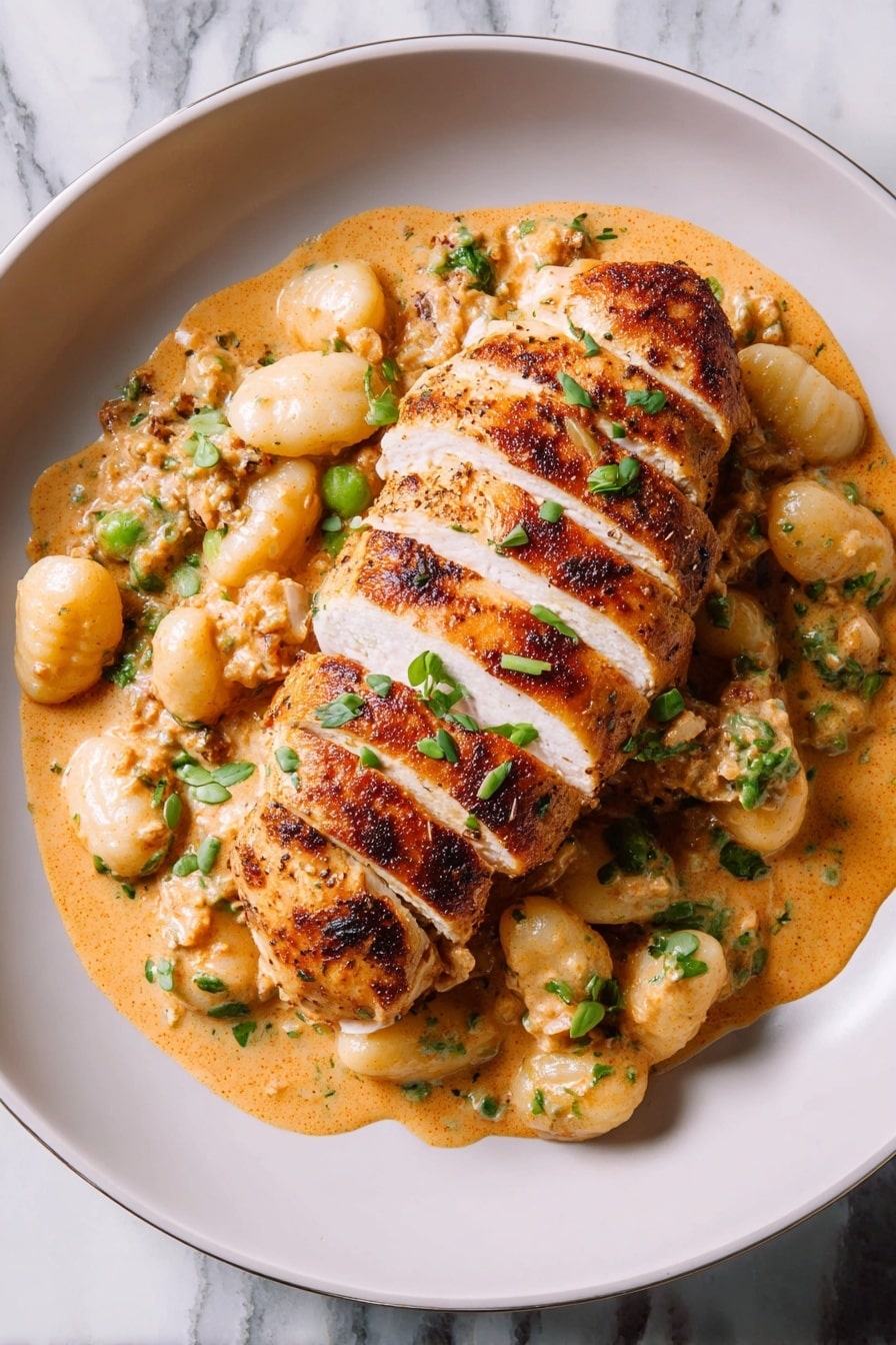 A black cast iron pan is filled with a creamy light orange sauce with small gnocchi pieces, bits of green herbs, and sun-dried tomato slices scattered throughout. On top of the sauce are two sliced chicken breasts with a golden brown seared crust. They are cut into thick, even slices and sprinkled with fresh green herbs. The pan is placed on a white marbled surface. photo taken with an iphone --ar 2:3 --v 7 - Cajun Chicken Gnocchi Skillet, Cajun Chicken dinner, spicy gnocchi skillet, one-pan Cajun chicken recipe, easy Cajun chicken and gnocchi