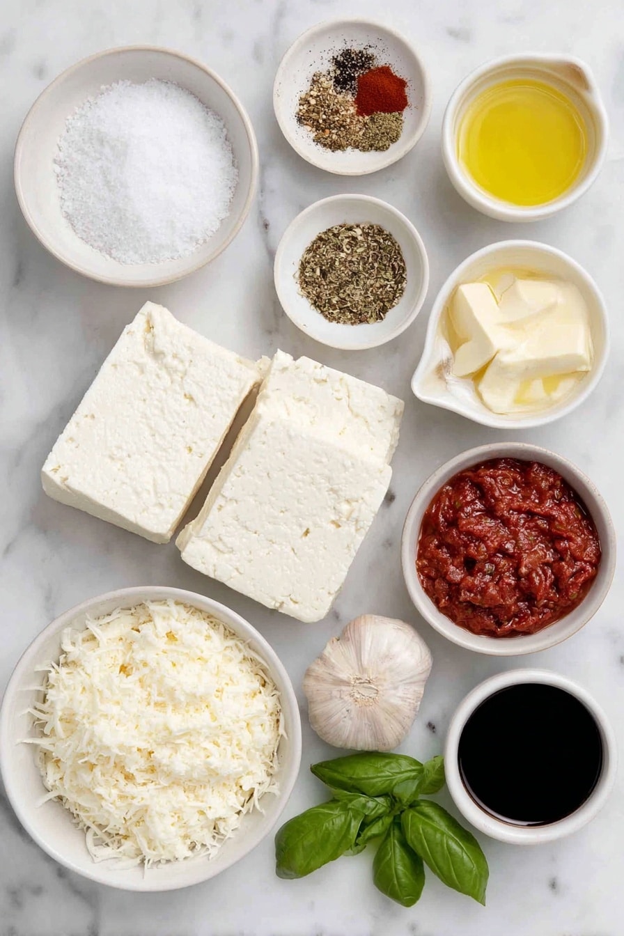 Flat lay of a block of extra-firm tofu cut in half, four whole uncracked garlic cloves, a small white bowl of kosher salt, a small white bowl of dried oregano, a small white bowl of crushed red pepper flakes, a small white bowl of cornstarch, a small white bowl of onion powder, a small white bowl of smoked paprika, a small white bowl of extra-virgin olive oil, a small white bowl with a pat of unsalted butter, a small white bowl of bright red tomato paste, a small white bowl of heavy cream, a small white bowl filled with finely chopped oil-packed sun-dried tomatoes, a small white bowl of grated Parmesan cheese, fresh torn basil leaves arranged neatly on the side, and a small white bowl of freshly ground black pepper placed on a clean white marble surface, soft natural light, photo taken with an iPhone, professional food photography style, fresh ingredients, white ceramic bowls, no bottles, no duplicates, no utensils, no packaging --ar 2:3 --v 7 --p awthu7i m7354615311229779997 - Marry Me Tofu in Creamy Tomato Sauce, creamy tomato tofu dish, vegan tofu recipes, flavorful tofu dinner, easy tofu pasta recipe