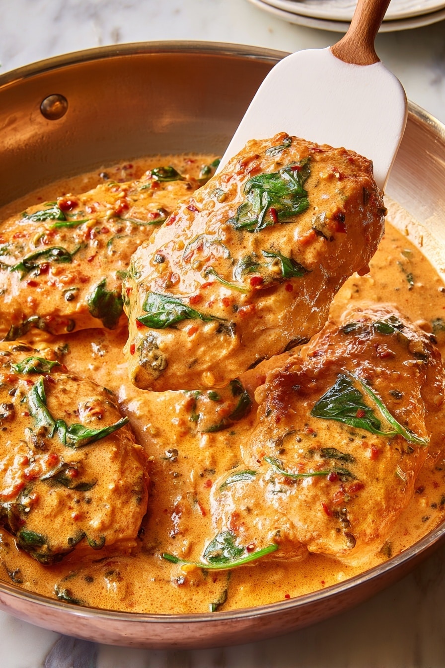 A white plate holds a dish with two main parts: on one side, a layer of cooked chicken covered with a thick, creamy orange sauce with visible bits of herbs and small red pieces, garnished with grated white cheese and green herbs on top; on the other side, a pile of fresh, dark green spinach leaves, some with drops of oil and specks of cracked black pepper; the plate sits on a white marbled surface. Photo taken with an iphone --ar 2:3 --v 7 - High-Protein Marry Me Chicken, healthy creamy chicken dish, protein-packed chicken recipe, low-carb comfort food, easy healthy chicken dinner