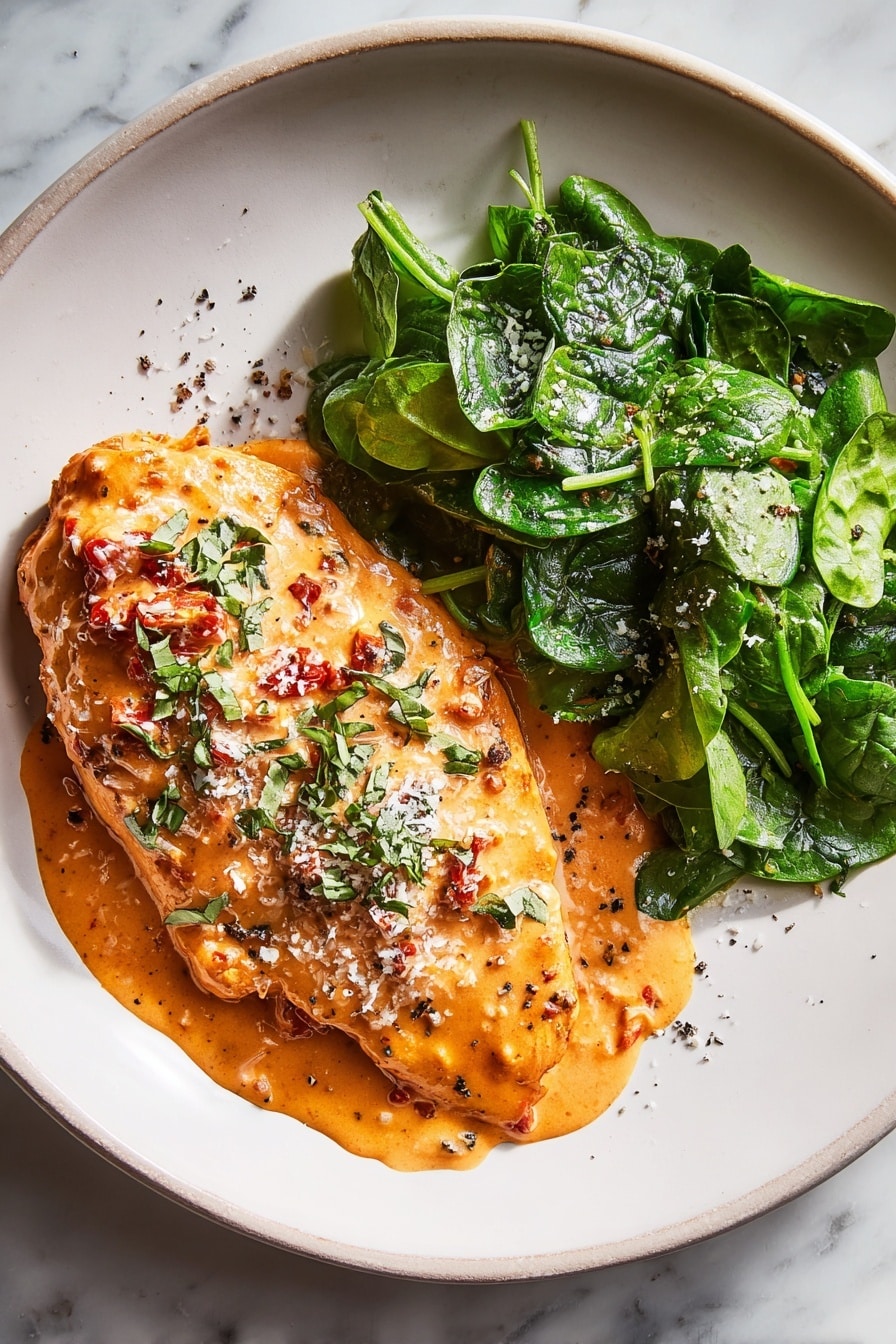 The image shows four pieces of golden-brown cooked chicken in a pan, covered with thick orange sauce mixed with green spinach leaves. The sauce has a smooth texture with some small bubbles and a slight shine. The chicken pieces appear tender with light black grill marks, and there are some white salt flakes sprinkled on top. A white spatula is lifting one piece of chicken from the pan. The pan is placed on a white marbled surface. photo taken with an iphone --ar 2:3 --v 7 - High-Protein Marry Me Chicken, healthy creamy chicken dish, protein-packed chicken recipe, low-carb comfort food, easy healthy chicken dinner