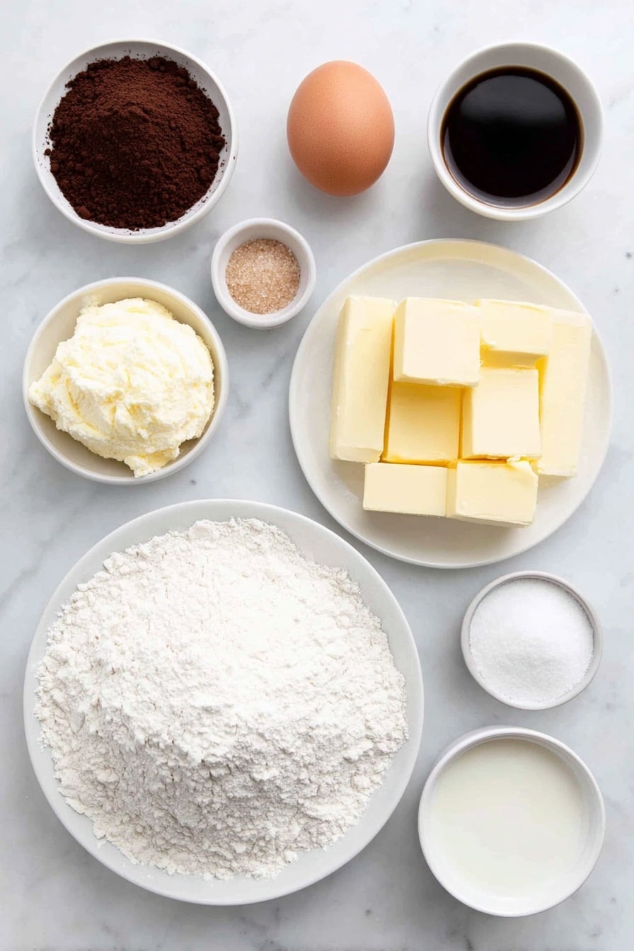 Flat lay of a small mound of all-purpose flour on a white ceramic plate, a heap of unsweetened Dutch-processed cocoa powder in a small white bowl, a small white bowl with light brown sugar, a few cubes of softened unsalted butter on a white ceramic dish, one large whole brown egg with a clean shell, a small white bowl of vegetable oil, a small white bowl of warm brewed coffee, a small white bowl of milk, a small white bowl filled with heavy cream, a small white bowl with white confectioners’ sugar, a few teaspoons of instant coffee granules on a white ceramic dish, a wedge of cold mascarpone cheese on a white ceramic plate, all ingredients arranged in balanced symmetry and perfect proportions, placed on a clean white marble surface, soft natural light, photo taken with an iPhone, professional food photography style, fresh ingredients, white ceramic bowls, no bottles, no duplicates, no utensils, no packaging --ar 2:3 --v 7 --p awthu7i m7354615311229779997 - Chocolate Coffee Tiramisu Whoopie Pies, tiramisu-inspired dessert, coffee mascarpone treats, chocolate coffee cake, easy tiramisu desserts