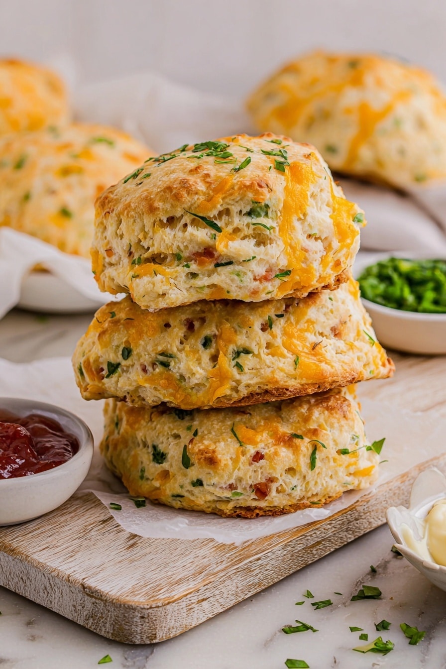 The image shows a stack of square biscuits placed on crumpled white parchment paper on a light brown wooden board. Each biscuit is golden-brown on top with spots of melted cheese and small green herbs scattered over them. Their sides are slightly rough and have a creamy, flaky texture with bits of red and green ingredients inside. The biscuits are arranged close together with some overlapping. In the background, there are small white bowls with chopped green herbs, and the overall scene sits on a white marbled surface. photo taken with an iphone --ar 2:3 --v 7 - Cheddar Ham Protein Biscuits, savory breakfast biscuits, high-protein ham biscuits, cheesy ham dinner bites, easy protein snack recipes