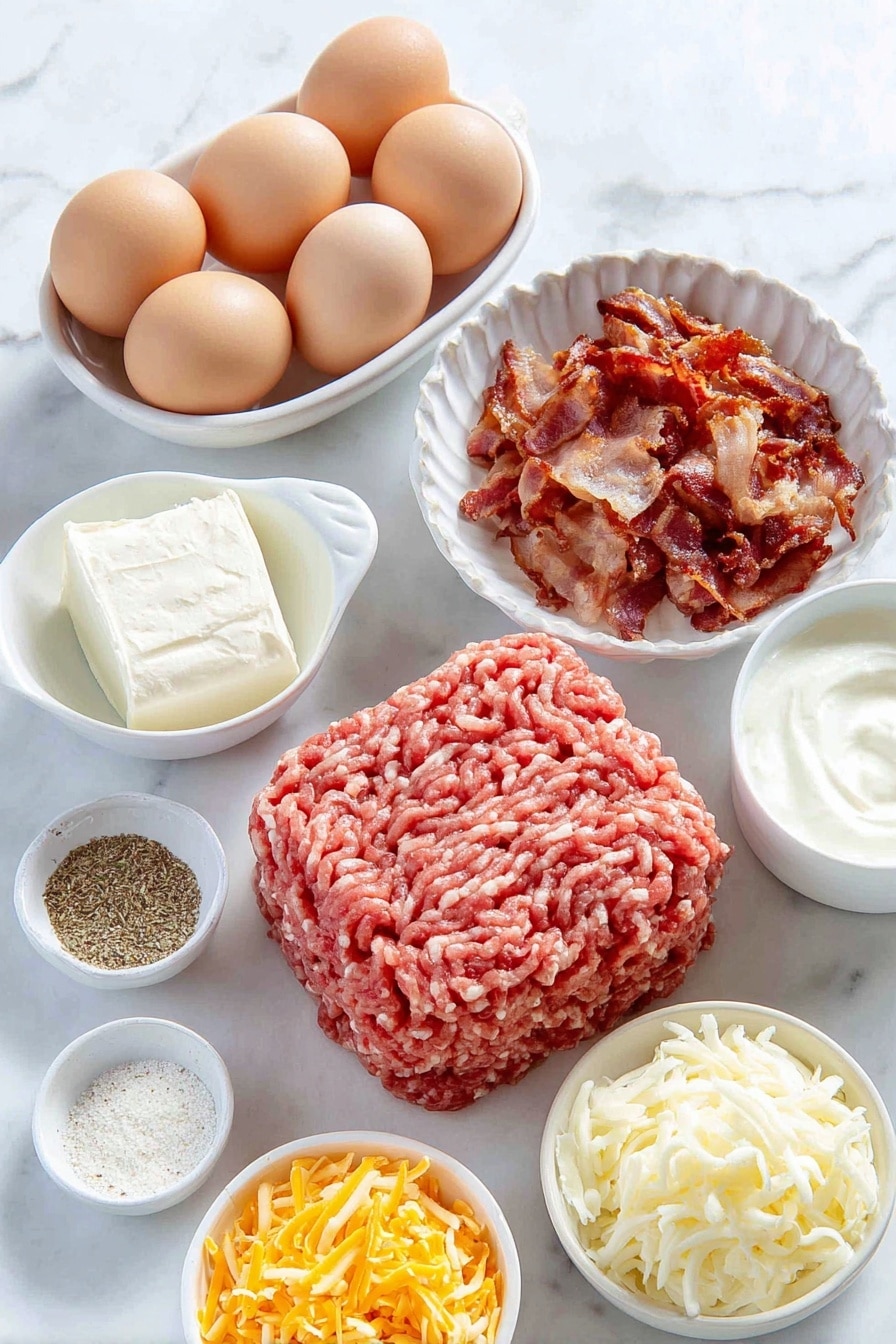 Flat lay of raw ground pork sausage formed into a small mound, chopped crispy cooked bacon pieces, a block of cream cheese at room temperature in a simple white ceramic bowl, a small white bowl filled with sour cream, a small white bowl with whole milk, eight large whole uncracked brown eggs arranged neatly, a small white bowl containing dry ranch seasoning mix, tiny heaps of onion powder, garlic powder, salt, and black pepper each placed separately on the white surface, thawed frozen hashbrowns loosely piled, and two small piles of shredded cheddar cheese divided evenly, all placed on a clean white marble surface, soft natural light, photo taken with an iPhone, professional food photography style, fresh ingredients, white ceramic bowls, no bottles, no duplicates, no utensils, no packaging --ar 2:3 --v 7 --p m7354615311229779997 - Ultimate Breakfast Casserole with Sausage and Hashbrowns, breakfast casserole with sausage and hashbrowns, hearty breakfast casserole, make-ahead breakfast casserole, cheesy breakfast casserole