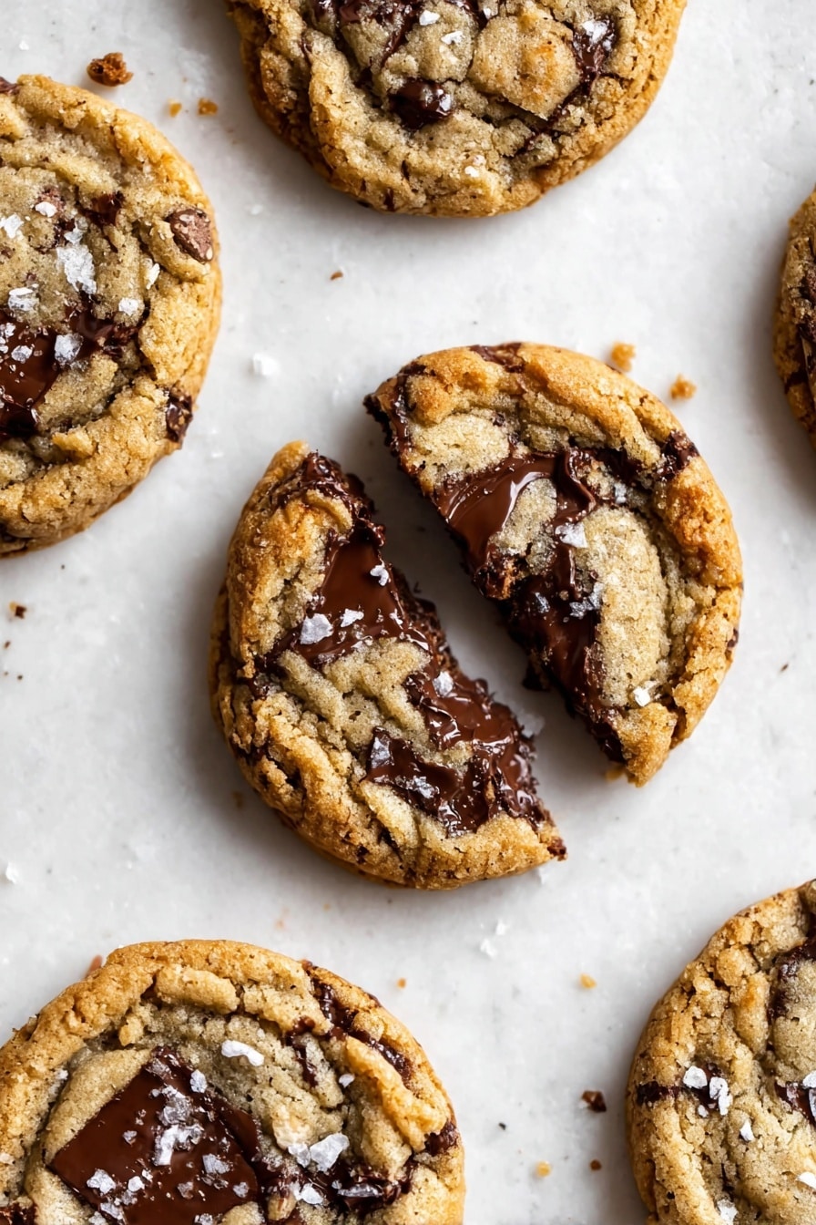 The image shows several golden-brown chocolate chip cookies placed directly on a white marbled surface. One cookie is broken in half, revealing a rich, melted dark chocolate layer inside with gooey textures and slightly shiny melts. The cookie dough looks soft and chewy, with rough edges and cracks on top, showing the grainy texture and embedded chocolate chunks. Some flakes of white salt are sprinkled lightly on the cookies, adding a contrast to the warm brown color. Photo taken with an iphone --ar 2:3 --v 7 - Chewy Chocolate Chip Cookies, best chewy chocolate chip cookies, easy chocolate chip cookies, homemade chewy cookies, soft chocolate chip cookies