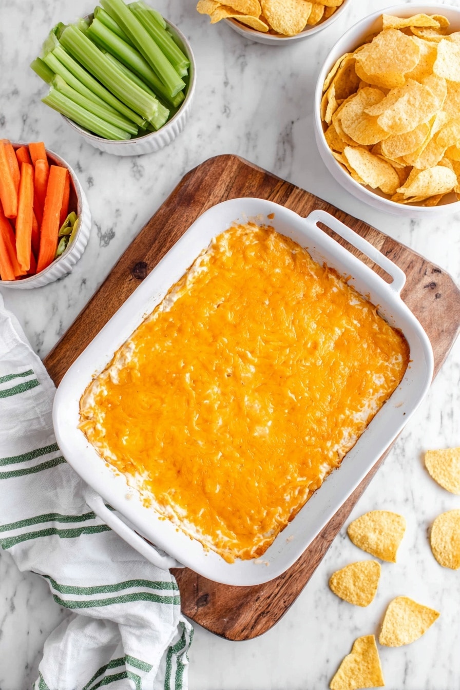 A white rectangular dish holds a creamy, orange cheese dip with a slightly rough texture and small pieces visible inside. Melted cheese forms a smooth, glossy layer on top with light orange shades. A woman's hand is holding a green celery stick that scoops up a thick, chunky portion of the dip, which stretches slightly as it moves. In the background, a white bowl filled with light tan chips sits out of focus on a white marbled surface. photo taken with an iphone --ar 2:3 --v 7 - Buffalo Chicken Dip, spicy chicken dip, party dip recipes, creamy buffalo chicken, easy game day dip