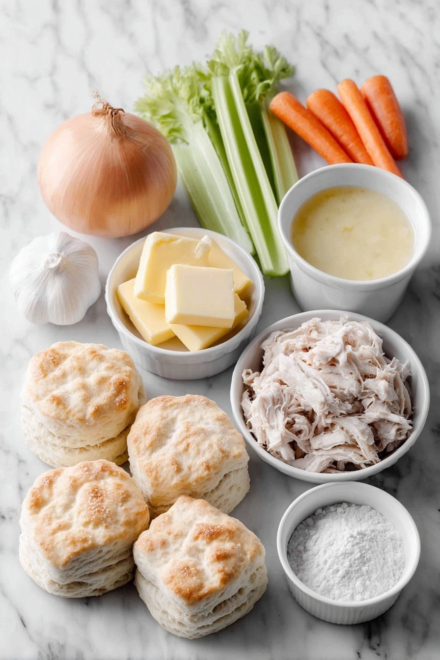 Flat lay of a few pats of fresh butter, one whole large yellow onion with its skin, three crisp celery stalks with leaves, a small pile of bright orange matchstick carrots, two whole uncracked garlic bulbs, shredded cooked rotisserie chicken pieces, a small white ceramic bowl filled with creamy evaporated milk, a small white ceramic bowl with smooth cream of chicken soup, a small white ceramic bowl of clear golden chicken broth, a small white ceramic bowl of all-purpose flour, several fresh whole buttermilk biscuits unbroken, sprinkled with a light dusting of flour—all arranged symmetrically with balanced proportions on a clean white marble surface, soft natural light, photo taken with an iPhone, professional food photography style, fresh ingredients, white ceramic bowls, no bottles, no duplicates, no utensils, no packaging --ar 2:3 --v 7 --p m7354615311229779997 - Chicken and Biscuit Dumplings, easy chicken and biscuit dumplings, hearty chicken and biscuit recipe, quick comfort food dinner, simple chicken stew with biscuits