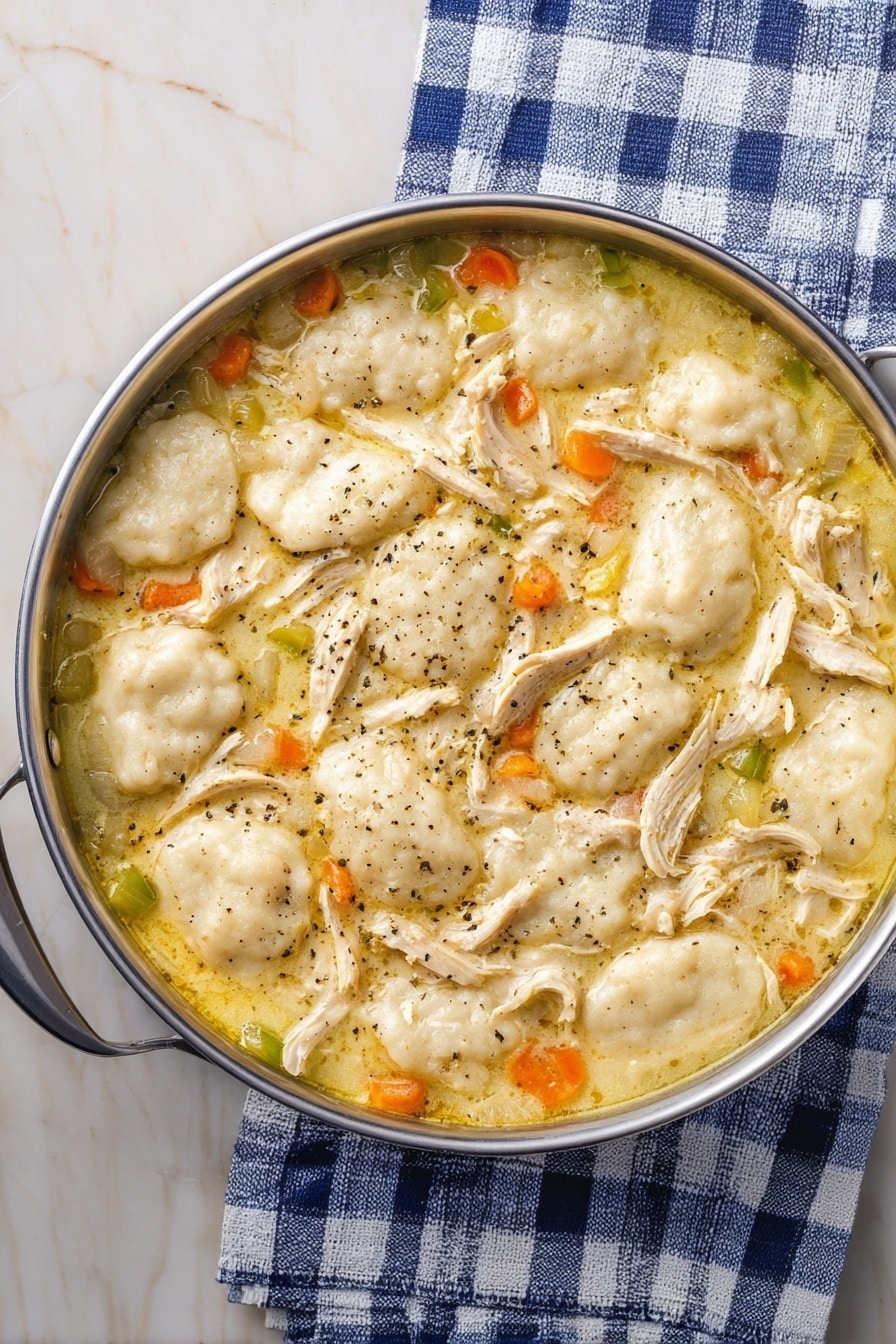 A round metal pan filled with a stew that has two main layers: the bottom layer is light yellow broth with small pieces of orange carrot and green celery, and on top are soft, light beige dumplings scattered unevenly across the surface, dotted with shredded light brown chicken and sprinkled with black pepper. The pan sits on a white and blue checkered cloth on a white marbled surface. Photo taken with an iphone --ar 2:3 --v 7 - Chicken and Biscuit Dumplings, easy chicken and biscuit dumplings, hearty chicken and biscuit recipe, quick comfort food dinner, simple chicken stew with biscuits