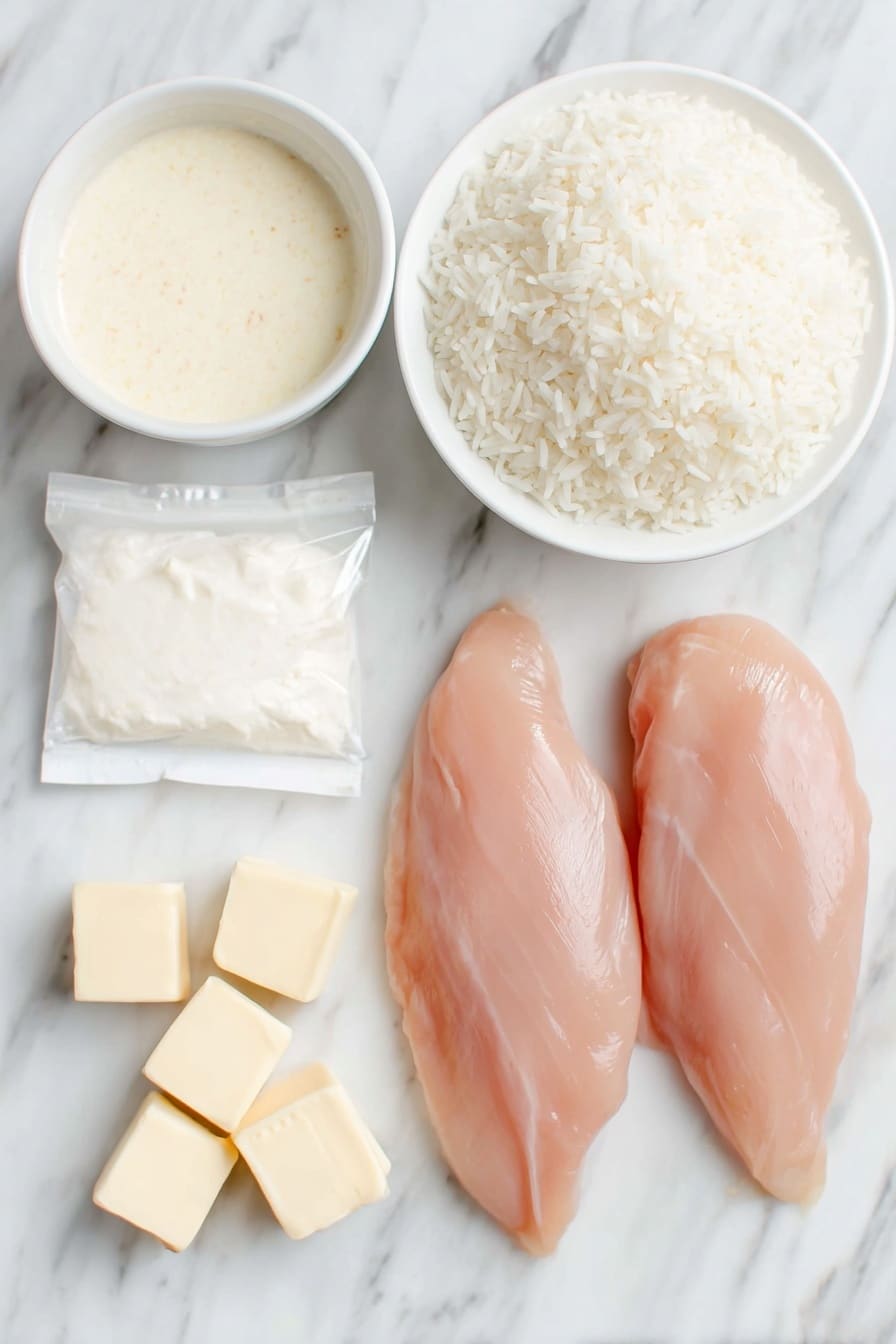 Flat lay of two plump boneless, skinless chicken breasts, a small white bowl filled with creamy condensed cream of chicken soup, a single white packet of ranch dressing mix placed unopened, several small cubes of pale unsalted butter arranged neatly, and a simple mound of fluffy cooked white rice on a white ceramic plate, all perfectly symmetrical and fresh looking, placed on a clean white marble surface, soft natural light, photo taken with an iPhone, professional food photography style, fresh ingredients, white ceramic bowls, no bottles, no duplicates, no utensils, no packaging --ar 2:3 --v 7 --p m7354615311229779997 - Creamy Ranch Chicken, Slow Cooker Chicken Recipes, Easy Crockpot Dinner, Comfort Food Recipes, Healthy Slow Cooker Meals