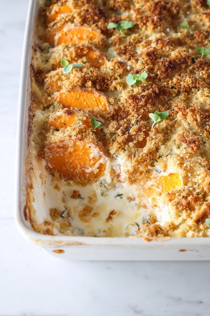 The dish shows a baked casserole with multiple layers, including a creamy white sauce layer at the bottom and a layer of thin orange slices on top, likely sweet potatoes, arranged in a neat row. Above this, there is a generous crunchy golden-brown topping made of breadcrumbs and melted cheese, giving a textured and toasted look. Small green herb leaves are scattered on top for garnish. The casserole is in a white rectangular dish placed on a white marbled surface. A portion has been removed, showing the creamy inside beneath the toasted top way. Photo taken with an iphone --ar 2:3 --v 7 - Asiago Scalloped Potatoes, scalloped potatoes with Asiago cheese, cheesy scalloped potato casserole, creamy potato side dish, cheesy potato recipe