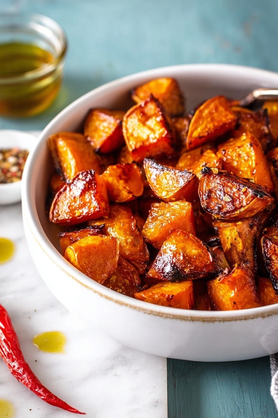 The image shows a white bowl with many pieces of roasted orange sweet potatoes with slightly dark, crispy edges. The sweet potato chunks vary in size and have a shiny, glazed texture from oil or sauce. A gold spoon rests inside the bowl, holding a small red chili piece and some oil, placed near the center of the sweet potatoes. The bowl sits on a bright blue surface with a small part of a colorful cloth visible on the top left side. photo taken with an iphone --ar 2:3 --v 7 - Hot Honey Caramel Sweet Potatoes, sweet and spicy sweet potato side dish, caramelized sweet potatoes with honey, spicy honey roasted sweet potatoes, easy sweet potato recipes