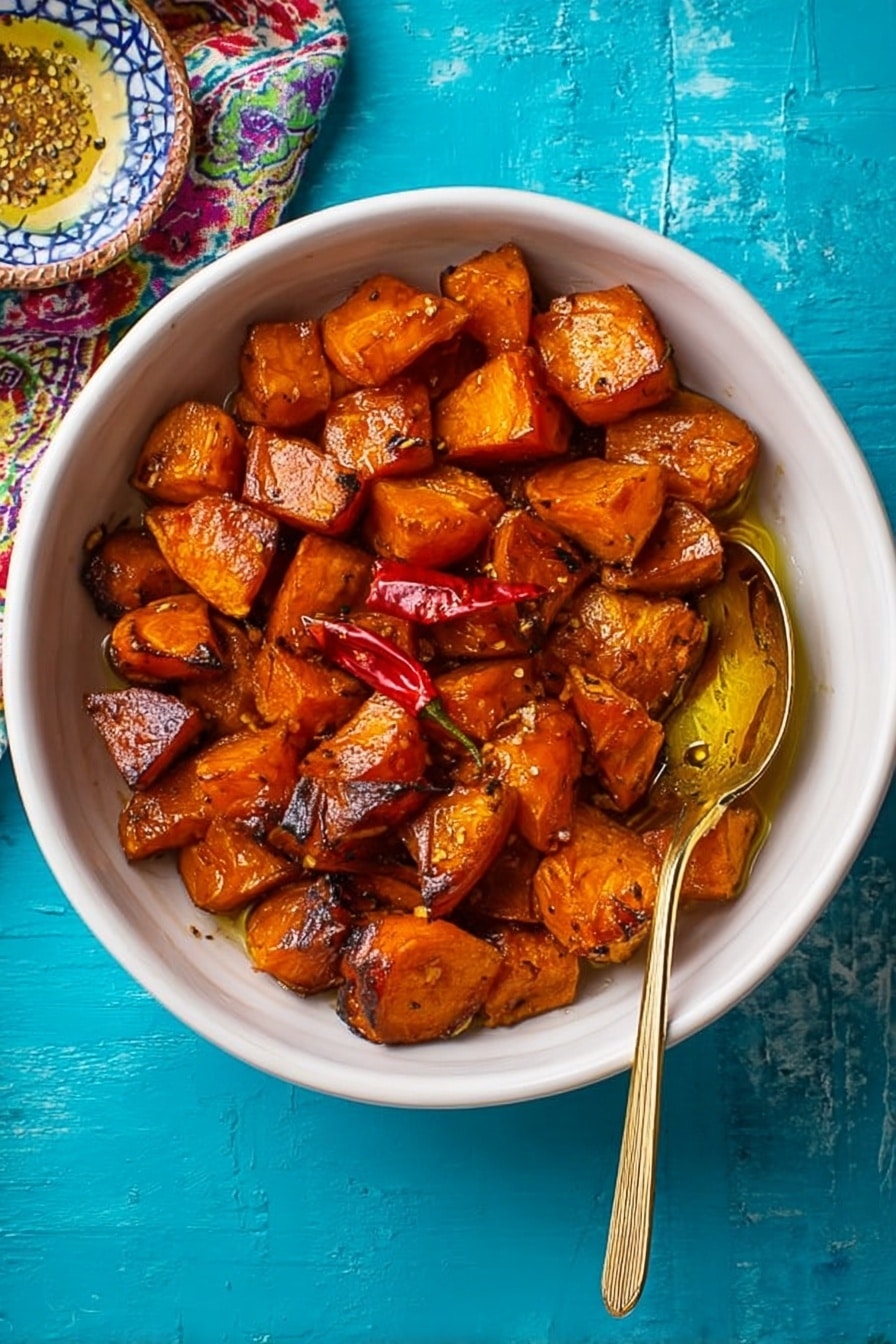 The image shows a close-up of a white bowl filled with roasted sweet potato pieces that have a caramelized, slightly charred orange and brown texture. The pieces are irregular chunks with some crispy edges. On top of the sweet potatoes is a shiny golden spoon holding a small piece of roasted red chili, adding a touch of deep red color. The bowl sits on a white marbled surface with a few drops of oil visible near it. In the lower left corner, a small glass container and a whole red chili are partially visible, both on the white marbled background. Photo taken with an iphone --ar 2:3 --v 7 - Hot Honey Caramel Sweet Potatoes, sweet and spicy sweet potato side dish, caramelized sweet potatoes with honey, spicy honey roasted sweet potatoes, easy sweet potato recipes