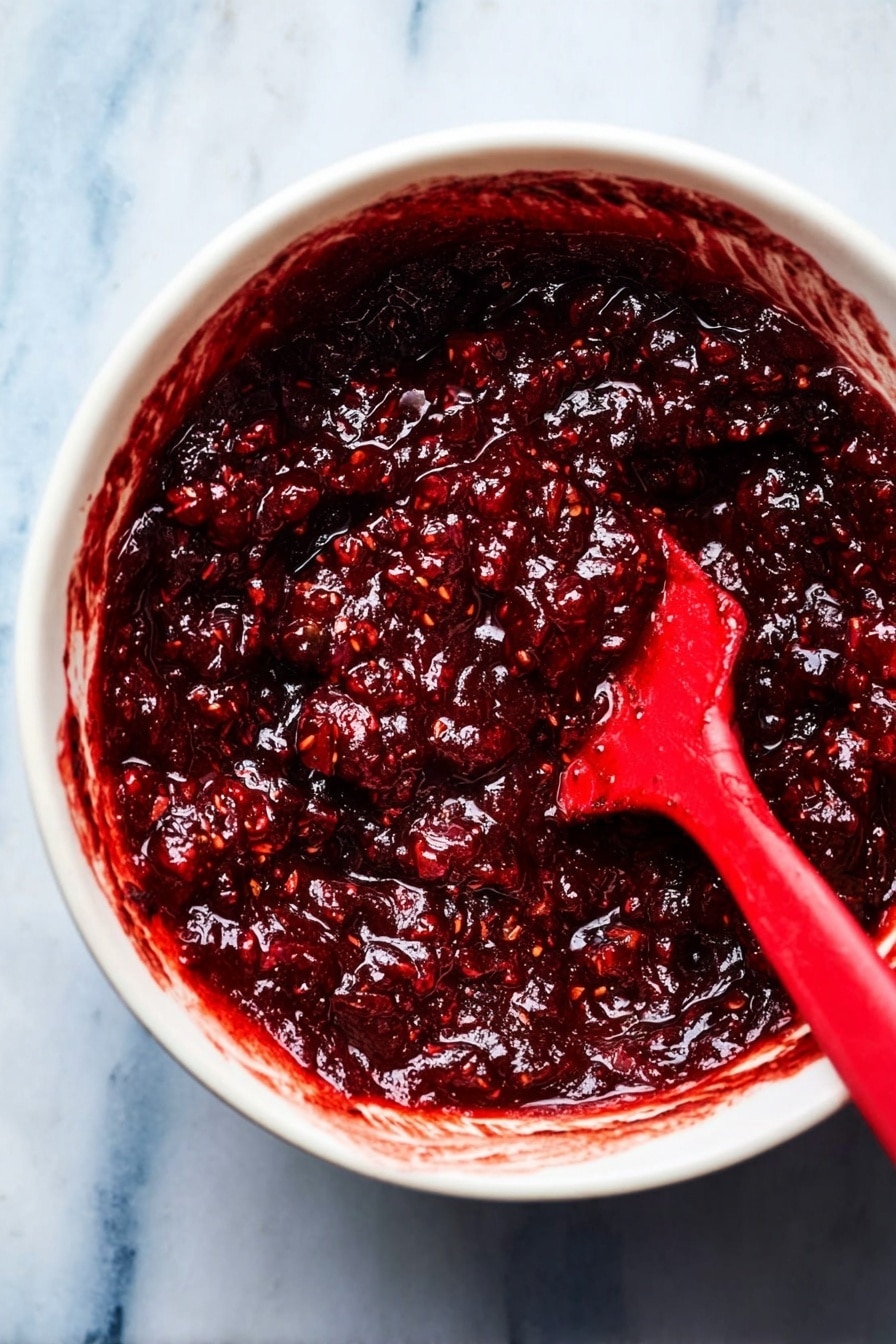 A close-up view of a white bowl filled with chunky, dark red sauce that looks thick and slightly glossy, with pieces of fruit visible throughout the sauce. The bowl sits on a white marbled surface, with a red spatula partially dipped into the sauce, its edge stained red. The rich texture of the sauce appears dense and sticky, with highlights showing its moistness. Photo taken with an iphone --ar 2:3 --v 7 - Bourbon Vanilla Cider Cranberry Sauce, cranberry sauce with bourbon and vanilla, easy holiday cranberry sauce, festive cranberry sauce recipe, flavorful cranberry condiment