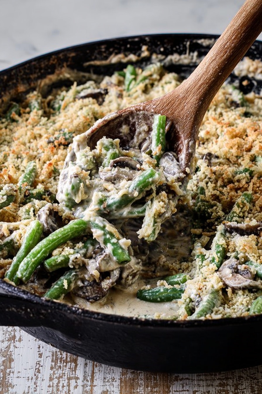 A close-up image of a cast iron pan filled with a creamy mixture topped with a generous layer of golden brown breadcrumbs and grated cheese. The dish includes scattered green herb pieces evenly spread throughout the top, adding a touch of color contrast. The pan rests on a white marbled surface with soft natural light highlighting the textures of the crispy topping and creamy base underneath. photo taken with an iphone --ar 2:3 --v 7 - Lightened Up Fresh Green Bean Casserole, healthy green bean casserole, low-fat green bean casserole, wholesome holiday casserole, creamy green bean casserole