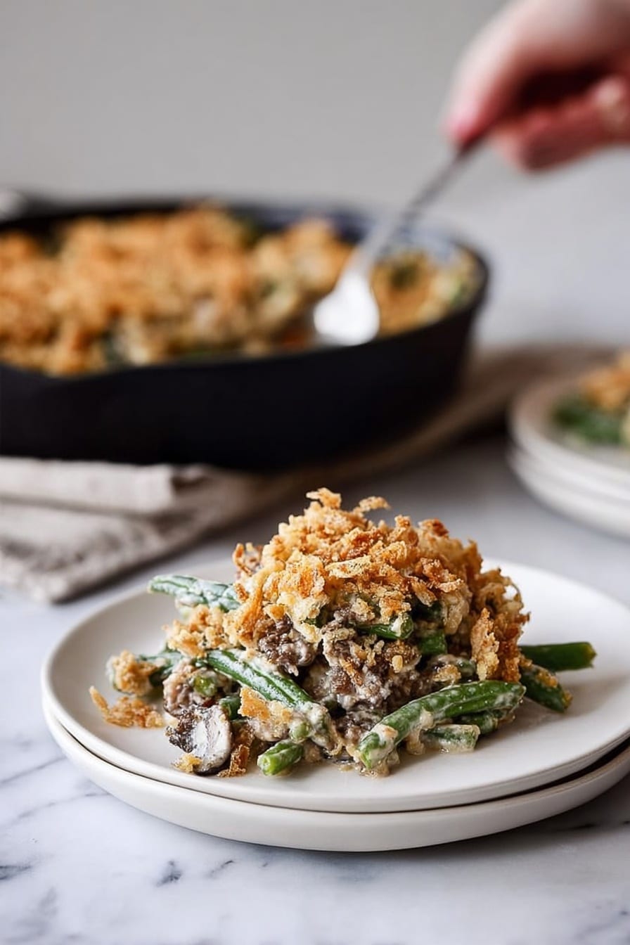 A white round plate holds a tall pile of casserole made of three main layers. The bottom layer has green beans with a slightly dull green color and a creamy sauce. The middle layer contains crumbled sausage pieces in light brown with some bits of creamy sauce mixed in. The top layer is golden brown crispy fried onions and light golden toasted crumbs, adding a crunchy texture. In the background, there is a black cast-iron skillet filled with more casserole, slightly out of focus, and a stack of white plates with a woman's hand holding a fork nearby. The scene is set on a white marbled surface. photo taken with an iphone --ar 2:3 --v 7 - Lightened Up Fresh Green Bean Casserole, healthy green bean casserole, low-fat green bean casserole, wholesome holiday casserole, creamy green bean casserole