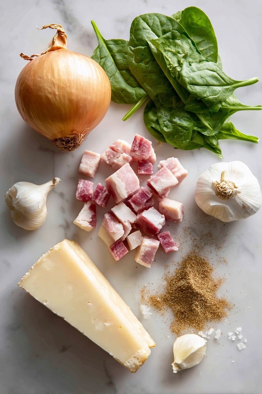 Flat lay of fresh diced pancetta with its rich pink and white marbling, a whole sweet onion with golden papery skin and bright white layers visible from a partial dice, two plump garlic cloves with smooth off-white skin, vibrant deep green fresh spinach leaves with a slightly glossy texture, a wedge of pale ivory Parmesan cheese with a natural rind, a block of creamy Gruyere cheese showing its pale yellow hue and smooth surface, and a small pile of finely ground nutmeg with its warm brown tone scattered gently nearby, all beautifully arranged with natural spacing and contrasting colors, placed on white marbled surface, photo taken with an iphone --ar 2:3 --v 7 - Spinach Gratin with Pancetta and Three Cheeses, cheesy spinach casserole, savory pancetta side dish, baked spinach with cheese, easy cheesy gratin recipe