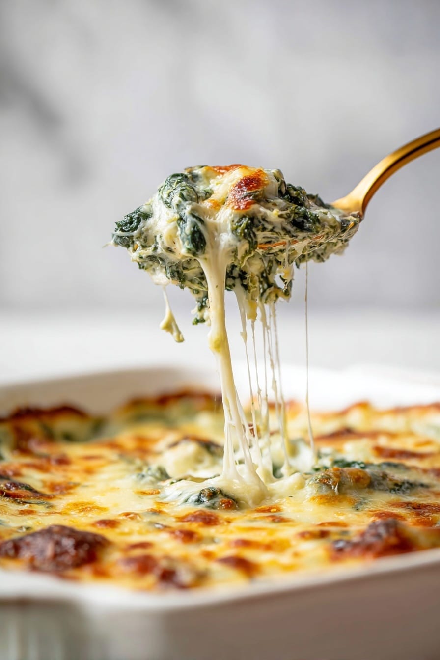 A baked dish in a white square ceramic dish with slightly browned, melted cheese covering the top layer. The cheese is mixed with dark green leafy bits that look like spinach scattered throughout. The edges are slightly darker and crispy. The surface has a bubbly texture with golden spots and a sprinkling of small white bits that resemble grated cheese. The dish sits on a white marbled surface photo taken with an iphone --ar 2:3 --v 7 - Spinach Gratin with Pancetta and Three Cheeses, cheesy spinach casserole, savory pancetta side dish, baked spinach with cheese, easy cheesy gratin recipe