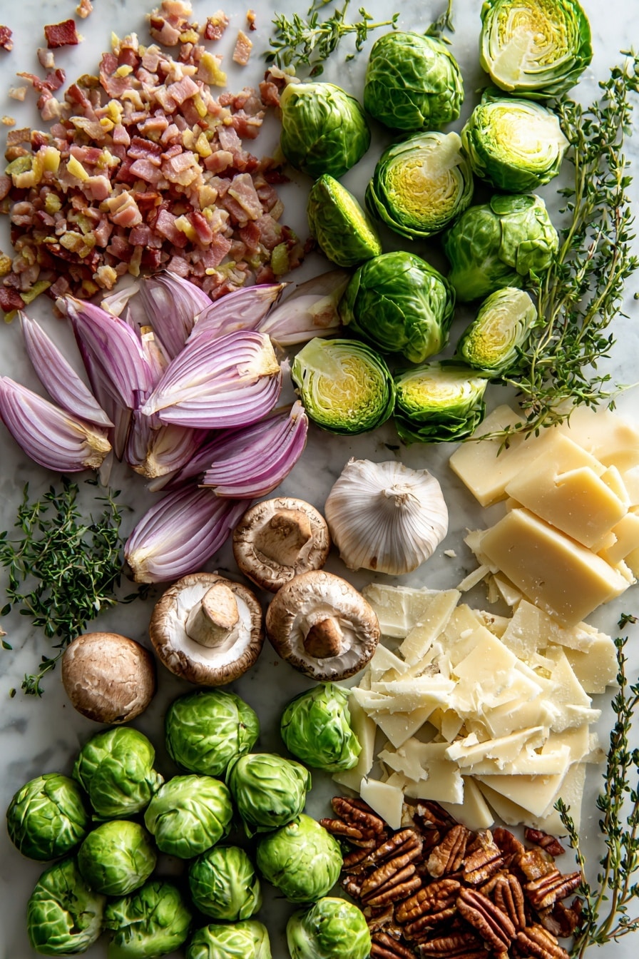 Flat lay of fresh green Brussels sprouts halved to show their dense, leafy texture, golden-brown chopped pancetta with crispy edges, thinly sliced pale purple shallots arranged in gentle curves, creamy white garlic cloves crushed and whole, rich brown cremini mushrooms sliced to reveal their smooth caps, delicate sprigs of bright green thyme, a small pile of chopped pecans with a rough, nutty surface, and wedges of pale yellow gruyere and parmesan cheeses with their fine, crumbly textures, all beautifully arranged in a natural, scattered yet balanced composition, placed on white marbled surface, photo taken with an iphone --ar 2:3 --v 7 - Brussels Sprouts Gratin with Pancetta Mushrooms and Pecans, Brussels Sprouts Gratin, Pancetta Mushroom Pecan Casserole, Fall Side Dishes, Savory Brussels sprouts