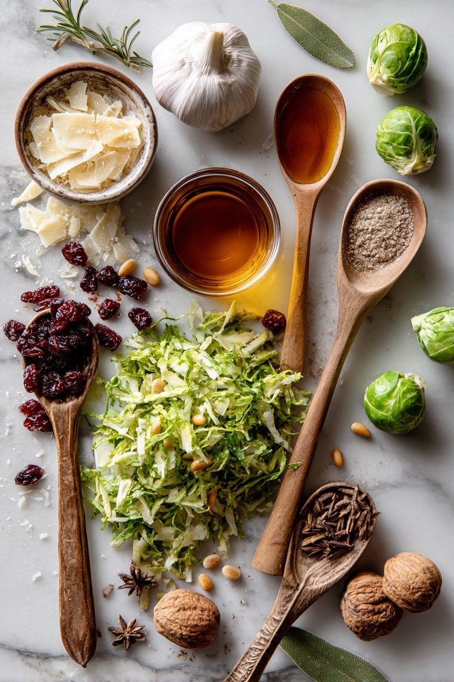 Flat lay of fresh green shredded Brussels sprouts with crisp texture, golden toasted pine nuts scattered around, vibrant deep red dried cherries, delicate off-white shaved parmesan cheese curls, a whole unpeeled garlic clove with papery skin, small wooden spoons holding warm brown maple syrup and amber apple cider vinegar, and a few whole allspice berries alongside a light dusting of ground nutmeg and cardamom pods, all naturally arranged with some spilled spices and nuts for texture contrast, placed on white marbled surface, photo taken with an iphone --ar 2:3 --v 7 - Brussels Salad with Spiced Maple Vinaigrette, Brussels sprout salad, Maple vinaigrette salad, healthy Brussels sprout dish, easy Brussels salad recipe