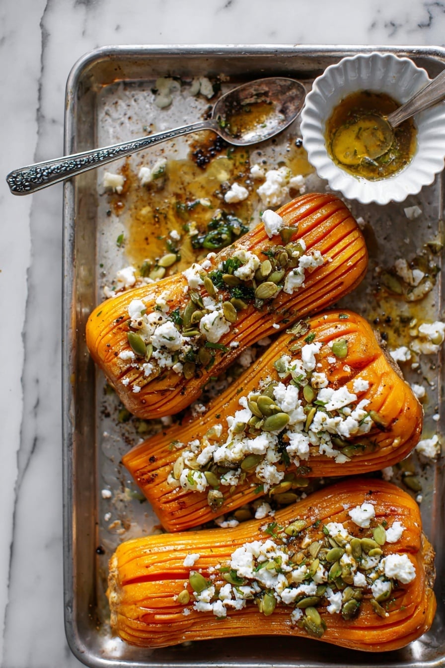 Three roasted butternut squash halves with thin vertical slices creating many thin orange layers are arranged on a rectangular metal baking tray. The squash is topped unevenly with crumbled white cheese and scattered green pumpkin seeds. Some slices have small dark browned bits, and there is a glistening golden oil or sauce pooling around the tray’s bottom. A small white scalloped bowl with golden oil and a silver spoon rests in the top right corner of the tray. The tray is placed on a white marbled surface. Photo taken with an iphone --ar 2:3 --v 7 - Hot Honey Hasselback Butternut Squash with Feta and Pepitas, Hasselback Butternut Squash, Spicy Honey Roasted Squash, Baked Butternut Squash with Feta, Festive Vegetarian Main Dish