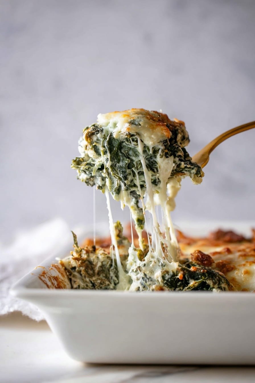 The image shows a close-up of a baked dish in a white rectangular baking dish. The top layer is golden brown and crispy with melted cheese patches and crunchy breadcrumbs scattered unevenly, mixed with dark green leafy parts, likely kale. The texture looks slightly crunchy and bubbly from the cheese that browned in the oven. The edges of the dish show some browned, crispy bits where cheese and greens meet the baking dish. The background is a white marbled surface. photo taken with an iphone --ar 2:3 --v 7 - Double Kale Gratin, kale gratin recipe, cheesy kale side dish, healthy kale casserole, easy kale gratin
