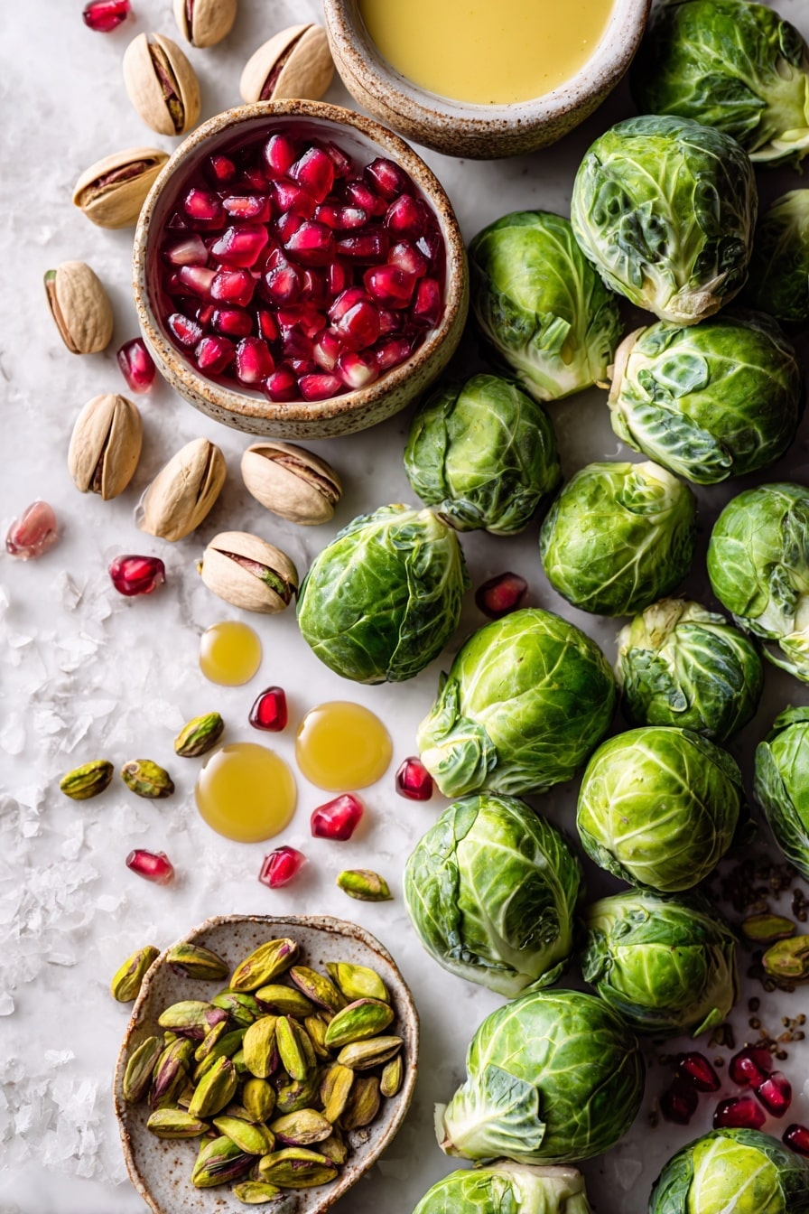 Flat lay of fresh green Brussels sprouts, some whole and some halved showing their dense, leafy texture, glossy amber maple syrup drizzled in tiny pools, smooth pale yellow Dijon mustard dollops nearby, vibrant red pomegranate arils scattered like tiny gems, bright green shelled pistachios with a rough texture, all naturally arranged with a few mustard seeds sprinkled around, placed on white marbled surface, photo taken with an iphone --ar 2:3 --v 7 - Roasted Maple Mustard Brussels Sprouts with Pistachios and Pomegranate, Brussels sprouts with maple mustard, festive veggie side dish, healthy holiday Brussels sprouts, easy roasted Brussels sprouts