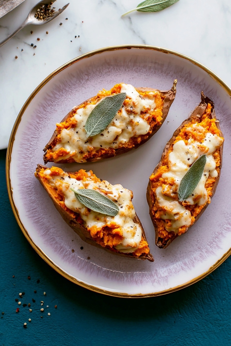 Six pieces of orange stuffed sweet potato halves are arranged on a dark baking tray, each topped with a layer of melted white cheese that looks soft and slightly melted, with a few whole sage leaves placed on top for garnish. The orange filling has a smooth, creamy texture mixed with small bits and is evenly spread on the sweet potato skins. The tray shows some browned spots and oil marks, indicating the dish was baked. The background is changed to a white marbled texture. photo taken with an iphone --ar 2:3 --v 7 - Twice Baked Sweet Potatoes with Pumpkin and Crispy Sage, Pumpkin Sweet Potato Casserole, Sweet Potatoes with Pumpkin and Sage, Cozy Fall Side Dish, Elegant Holiday Side Dish
