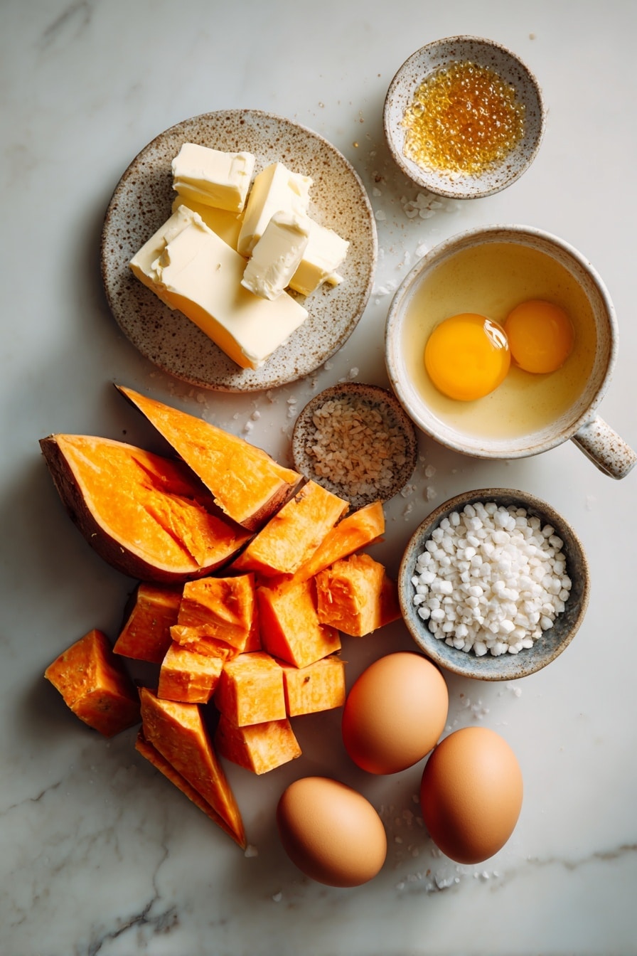 Flat lay of a peeled and chunked vibrant orange sweet potato, a small mound of golden honey glistening in soft light, a few cubes of creamy pale yellow butter, a cup of rich buttermilk with a smooth surface, warm water gently reflecting light, a sprinkling of coarse sea salt crystals, a cluster of smooth white active dry yeast granules, and a glossy, lightly beaten golden egg yolk with textured egg white edges, all beautifully arranged with natural spacing and slight overlaps, placed on white marbled surface, photo taken with an iphone --ar 2:3 --v 7 - Sweet Potato and Honey Dinner Rolls, soft sweet potato dinner rolls, homemade sweet potato rolls, honey glazed dinner rolls, easy sweet potato bread