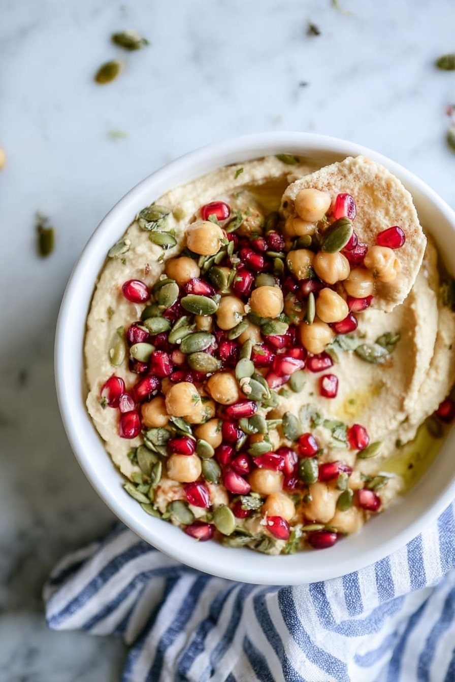 A white bowl is filled with a smooth, creamy beige hummus, spread evenly across the bottom. On top, there is a round pile of whole light beige chickpeas, scattered with small green pumpkin seeds and bright red pomegranate seeds, creating a colorful contrast. A drizzle of dark olive oil is visible on the surface of the hummus, adding a shiny touch. In the background, there is a white bowl with pumpkin seeds, a white plate holding two halves of a bright red pomegranate, and part of a white bowl with cut pita bread pieces, all set on a blue and white striped cloth over a white marbled surface. Photo taken with an iphone --ar 2:3 --v 7 - Roasted Butternut Squash Hummus with Pomegranate and Pepitas, roasted butternut squash hummus, healthy squash hummus dip, pomegranate and pepitas hummus, vibrant fall appetizer