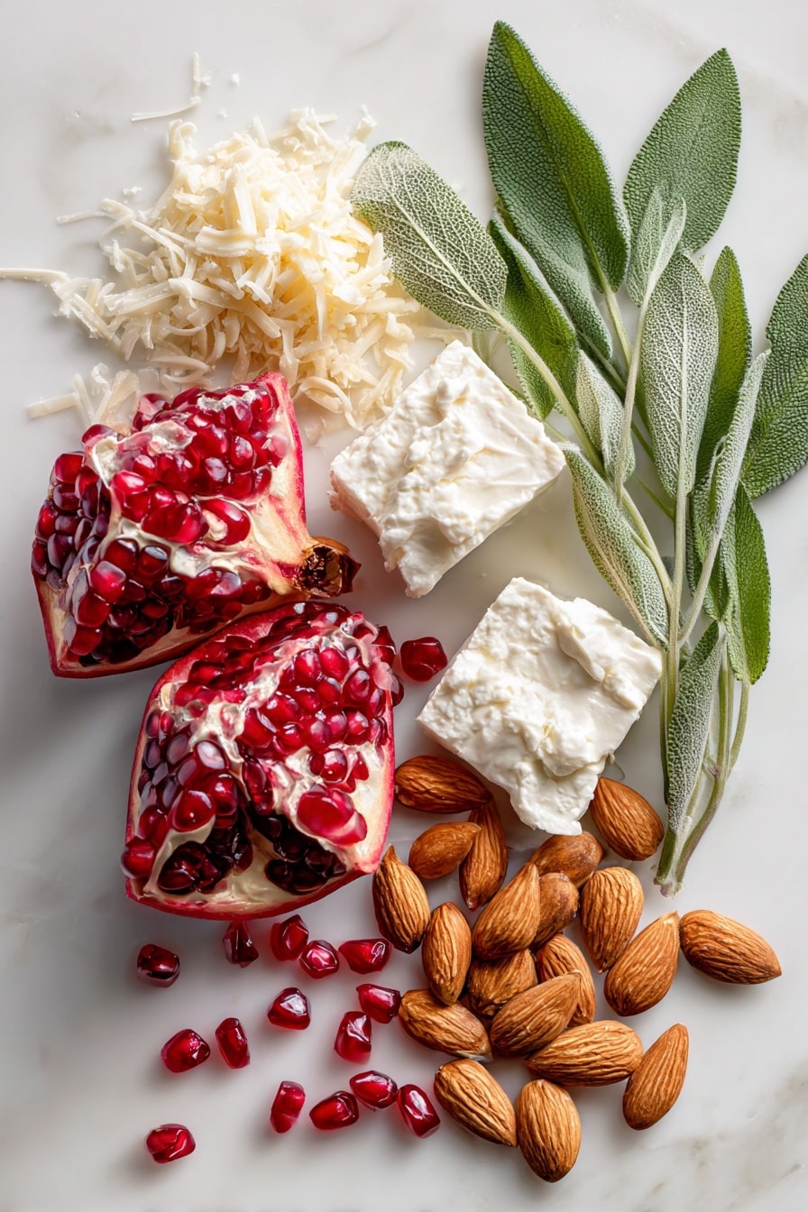 Flat lay of bright red pomegranate arils scattered next to fresh, glossy green sage leaves with their textured veins, a smooth block of creamy white cream cheese alongside a soft mound of mascarpone cheese, a pile of finely grated sharp white cheddar cheese with its craggy edges, and a small heap of sliced, golden toasted almonds with their crunchy texture, all naturally arranged in a casual yet elegant way, placed on white marbled surface, photo taken with an iphone --ar 2:3 --v 7 - Pomegranate Jeweled Cheeseball, festive cheeseball appetizer, holiday cheese ball, elegant party dips, fruity cheese ball recipe